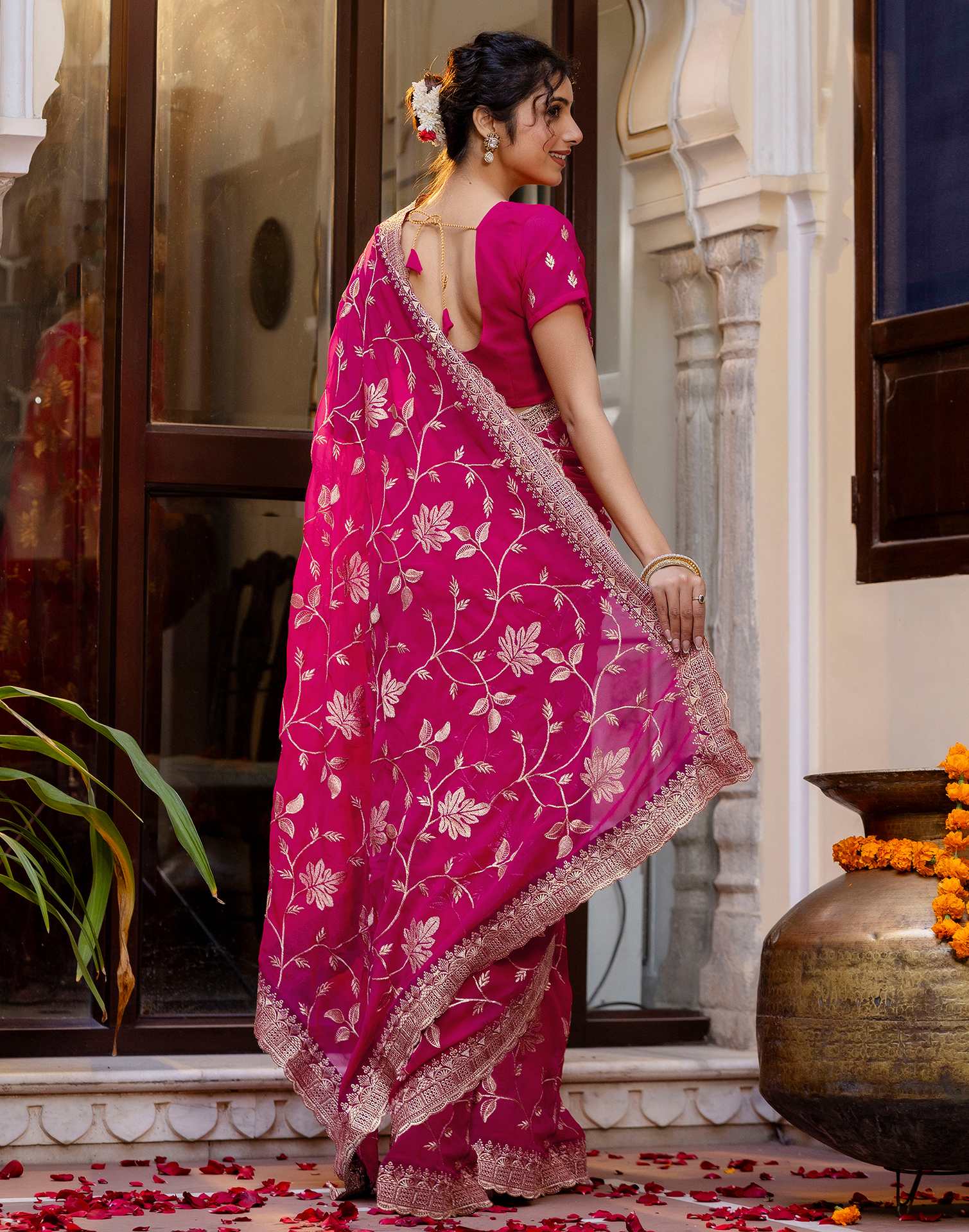 Dark Pink Georgette Embroidery Saree - Image 6