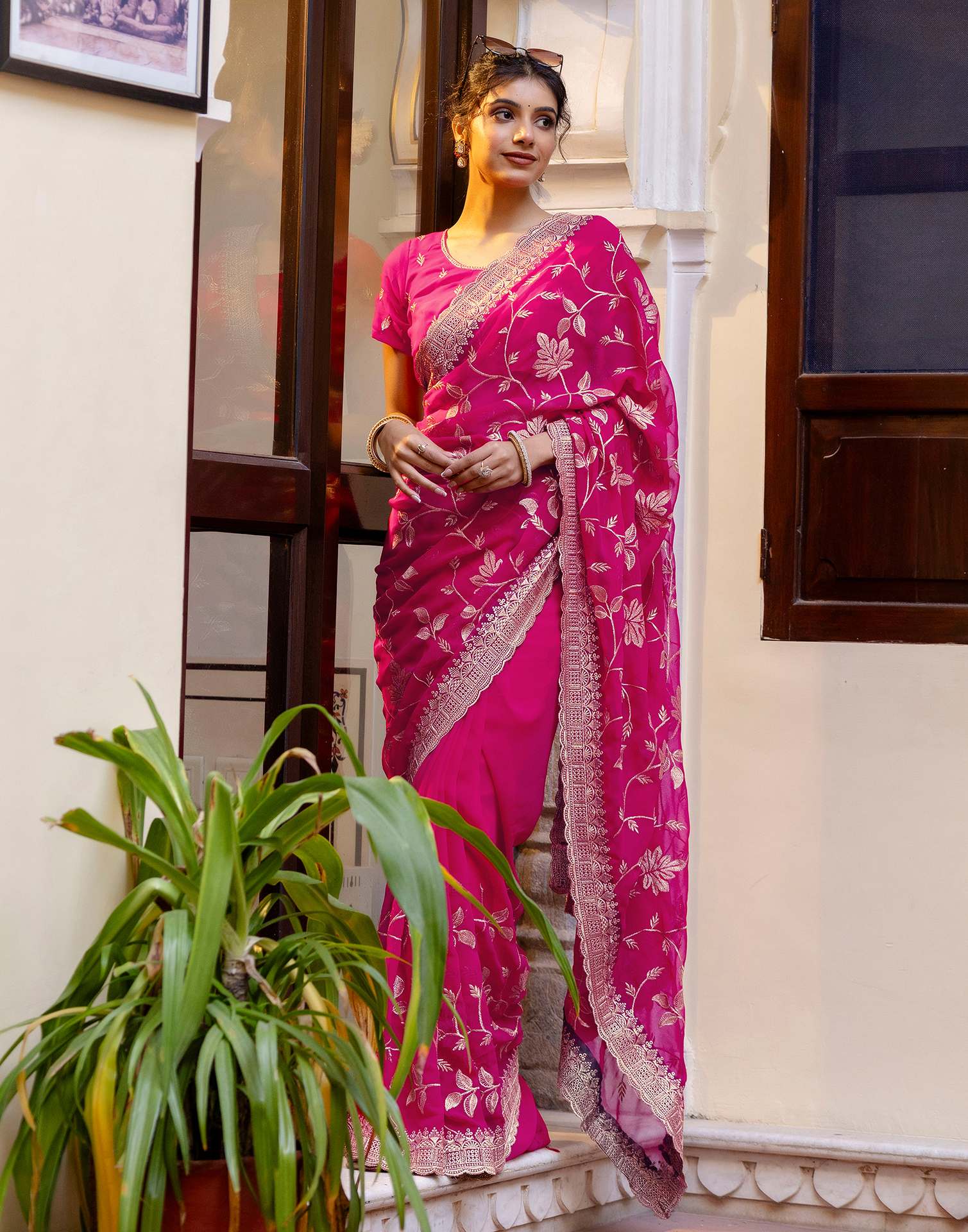 Dark Pink Georgette Embroidery Saree - Image 7
