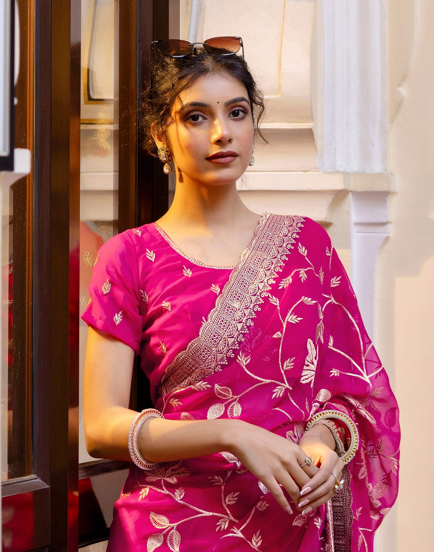 Dark Pink Georgette Embroidery Saree - Image 9