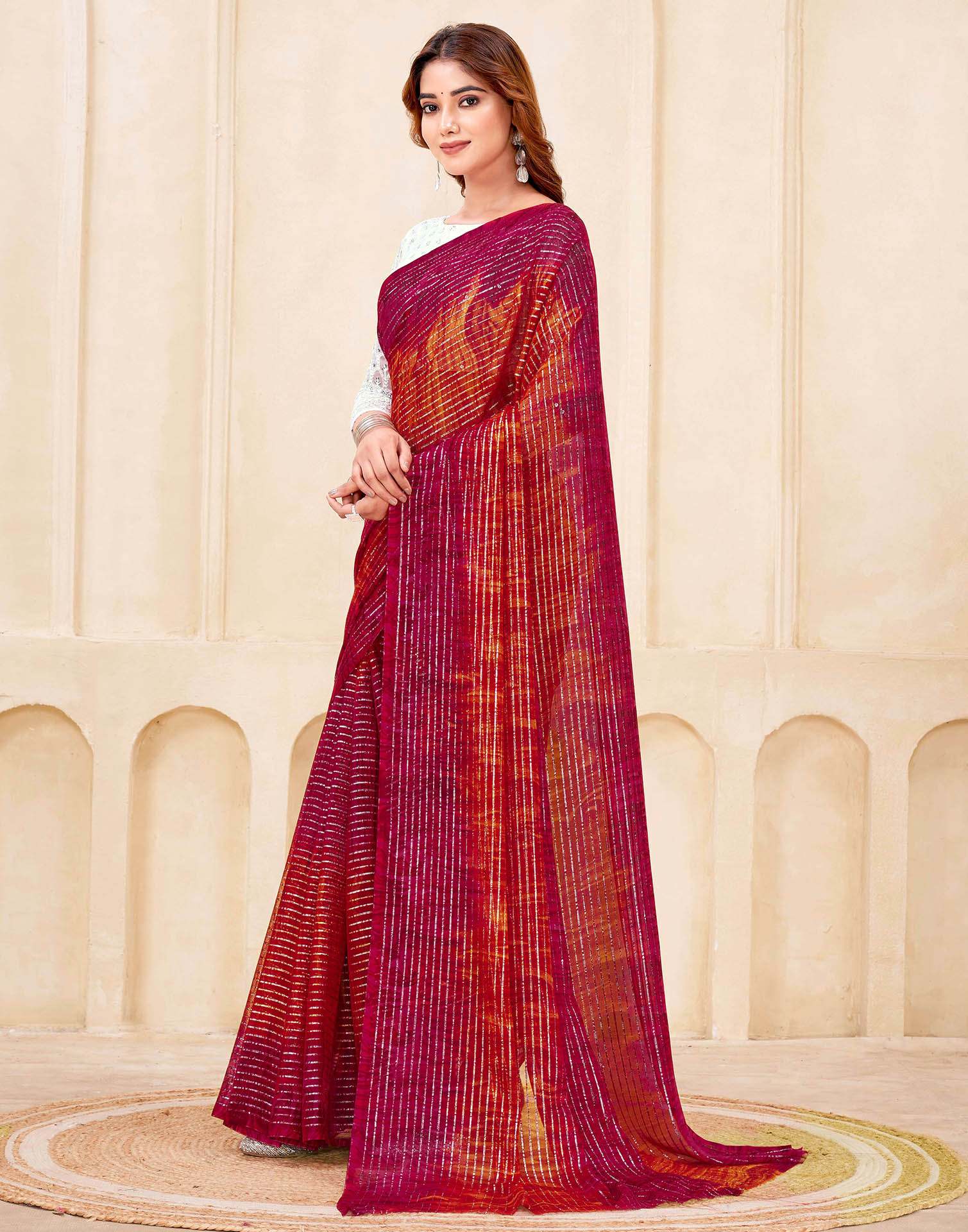 Dark Pink Georgette Zari Stripe Saree - Image 4