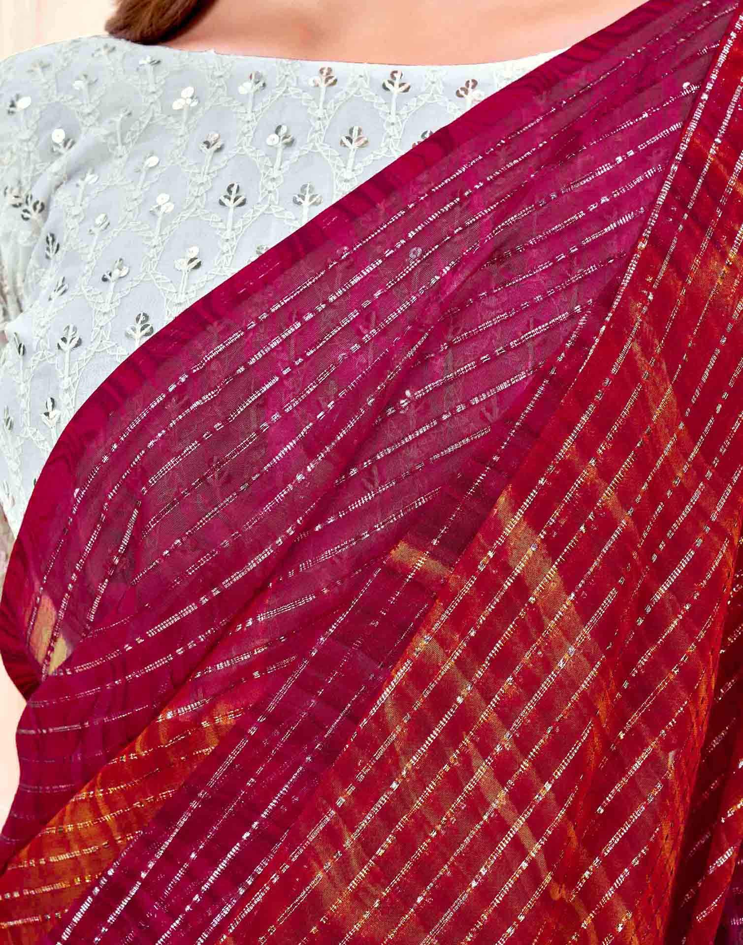 Dark Pink Georgette Zari Stripe Saree - Image 6