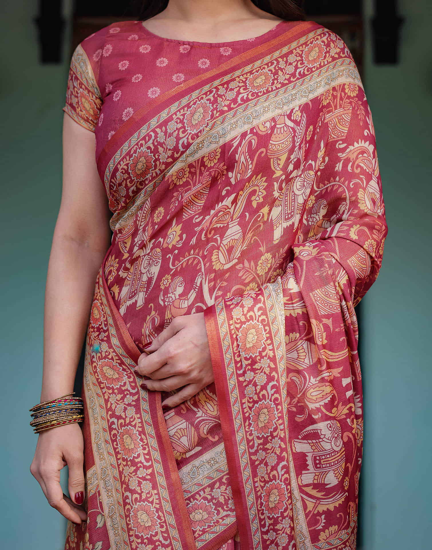 Dark Pink Linen Printed Saree - Image 5
