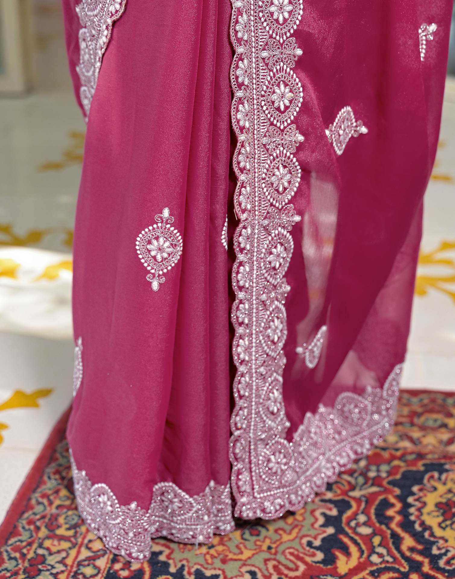 Dark Pink Shimmer Embroidery Saree - Image 6