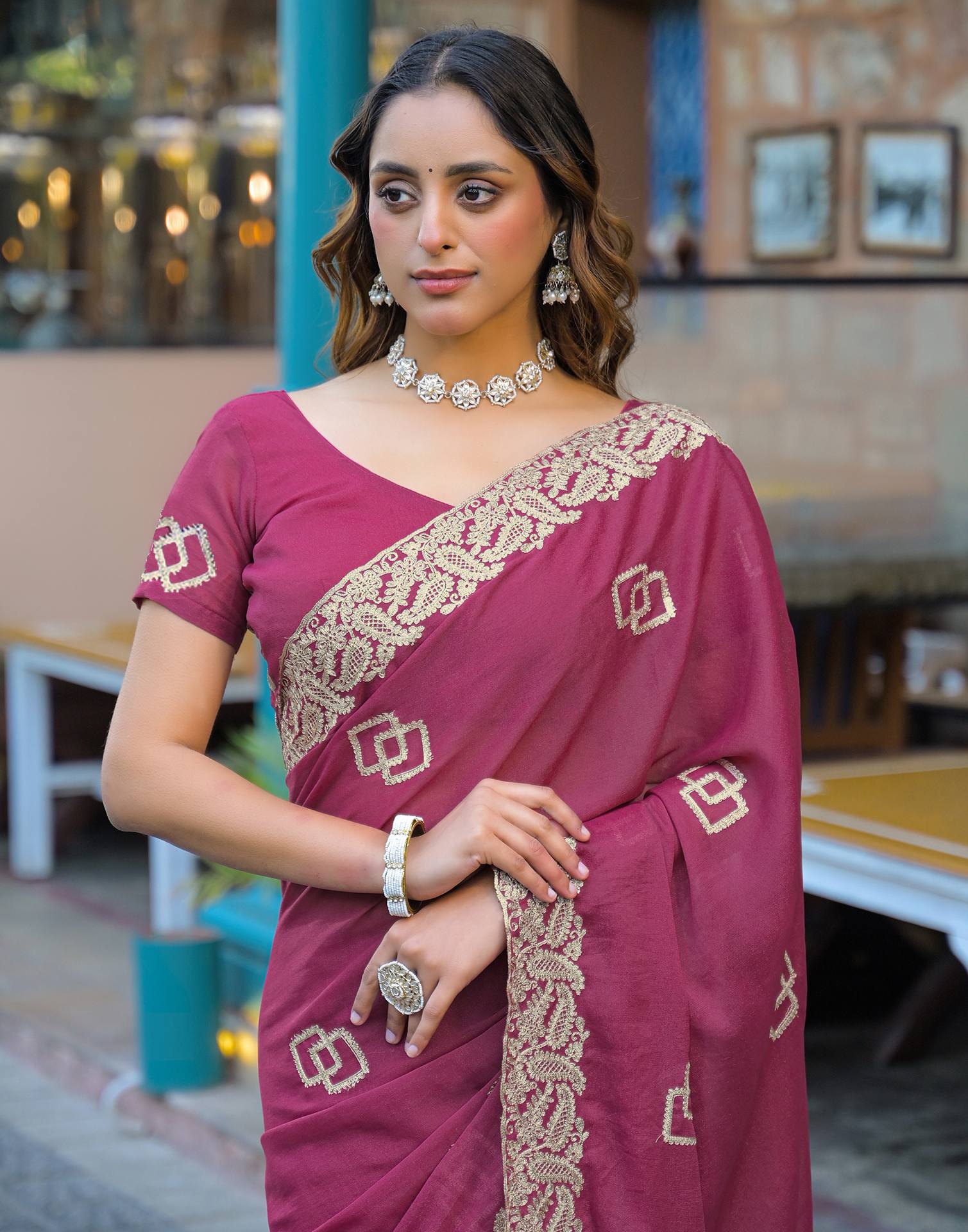 Dark Pink Shimmer Embroidery Saree - Image 2