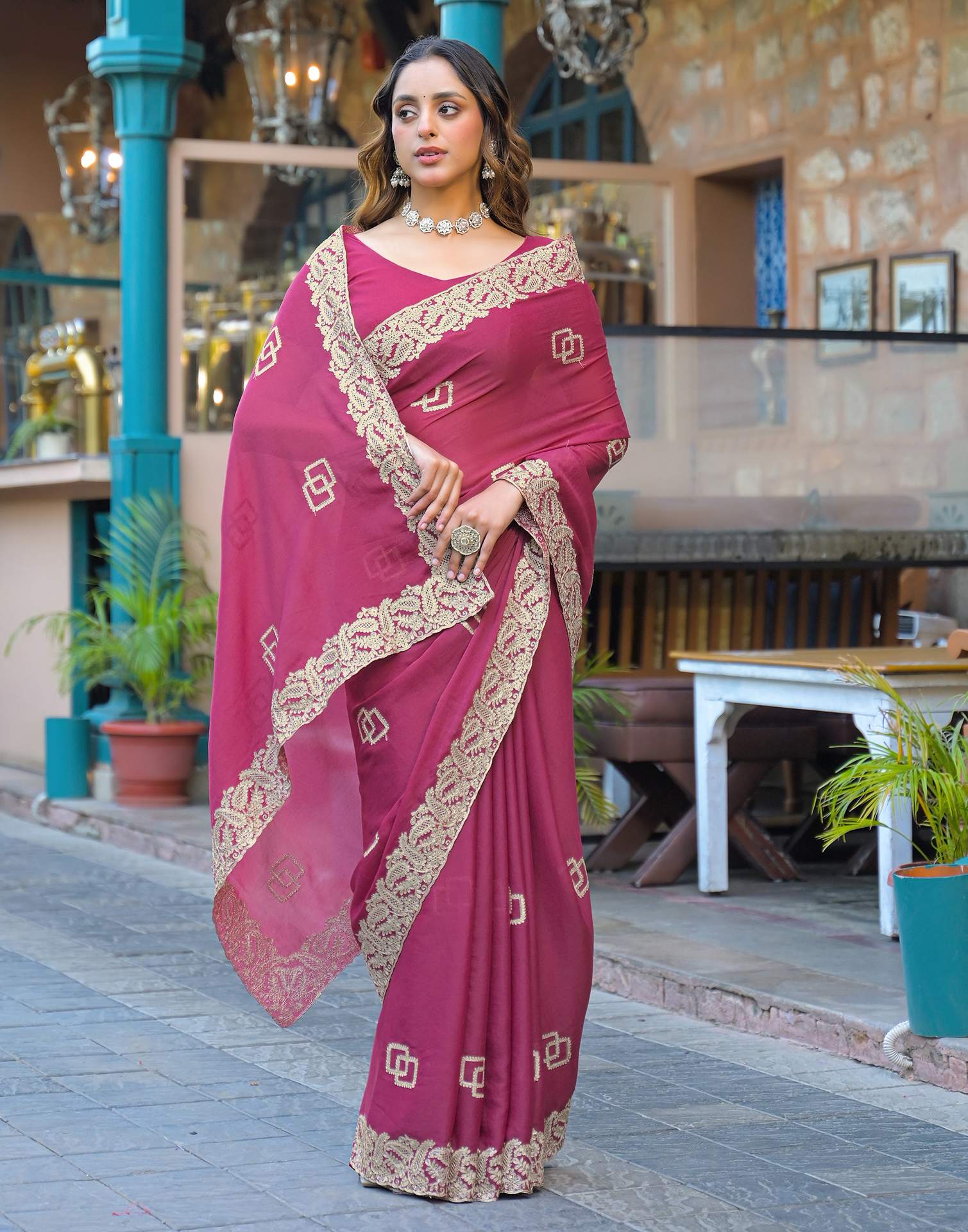 Dark Pink Shimmer Embroidery Saree - Image 5