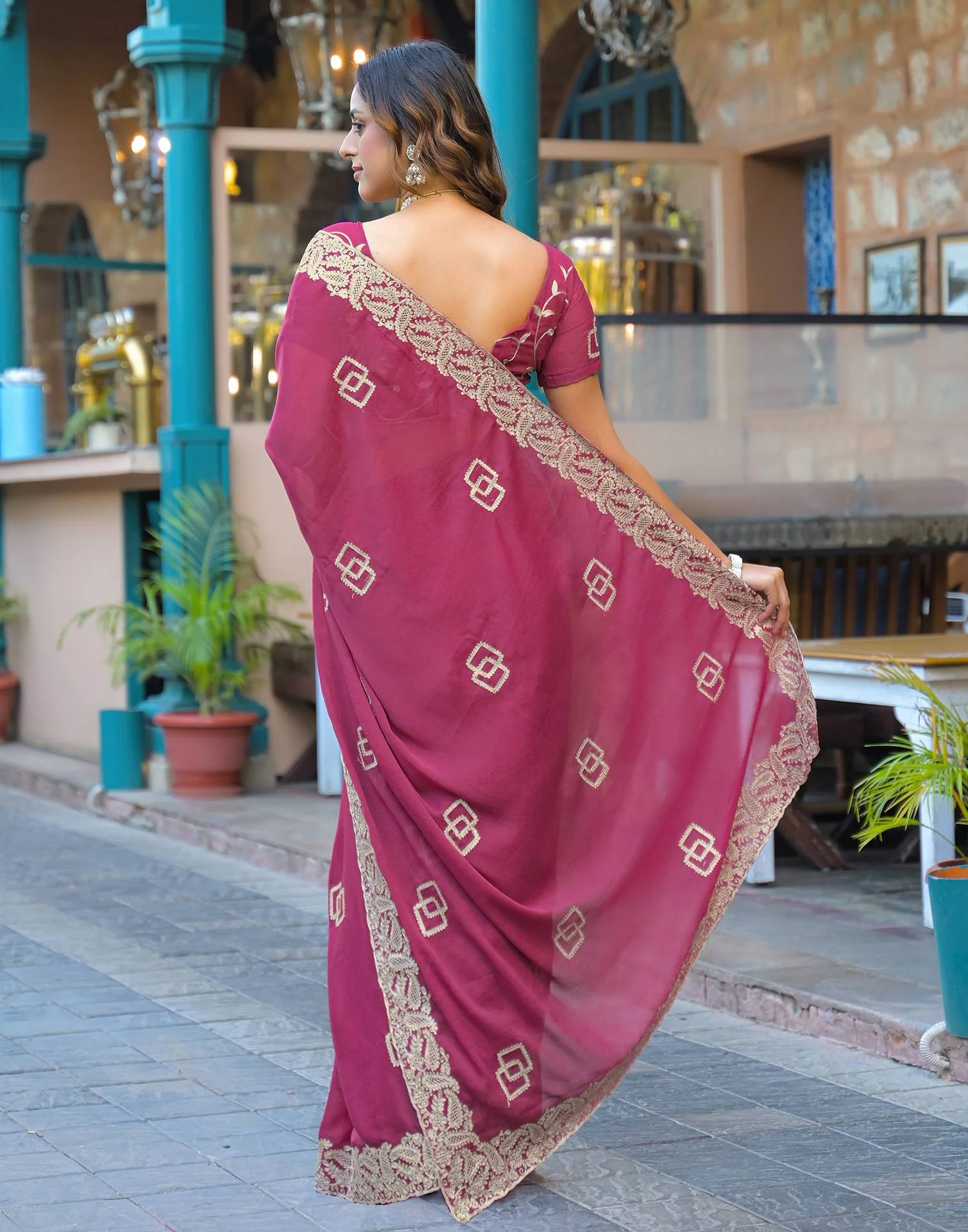Dark Pink Shimmer Embroidery Saree - Image 6