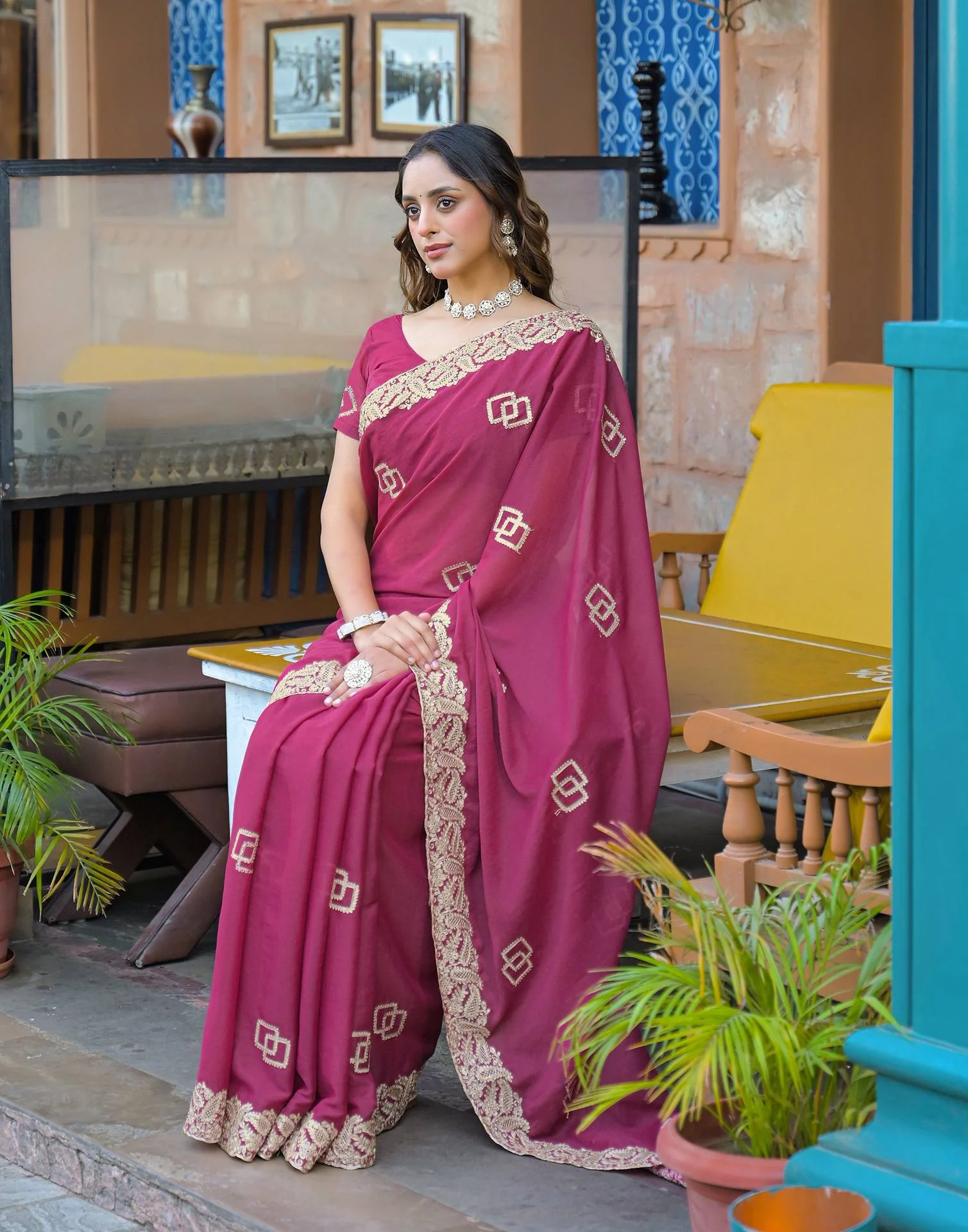 Dark Pink Shimmer Embroidery Saree - Image 7