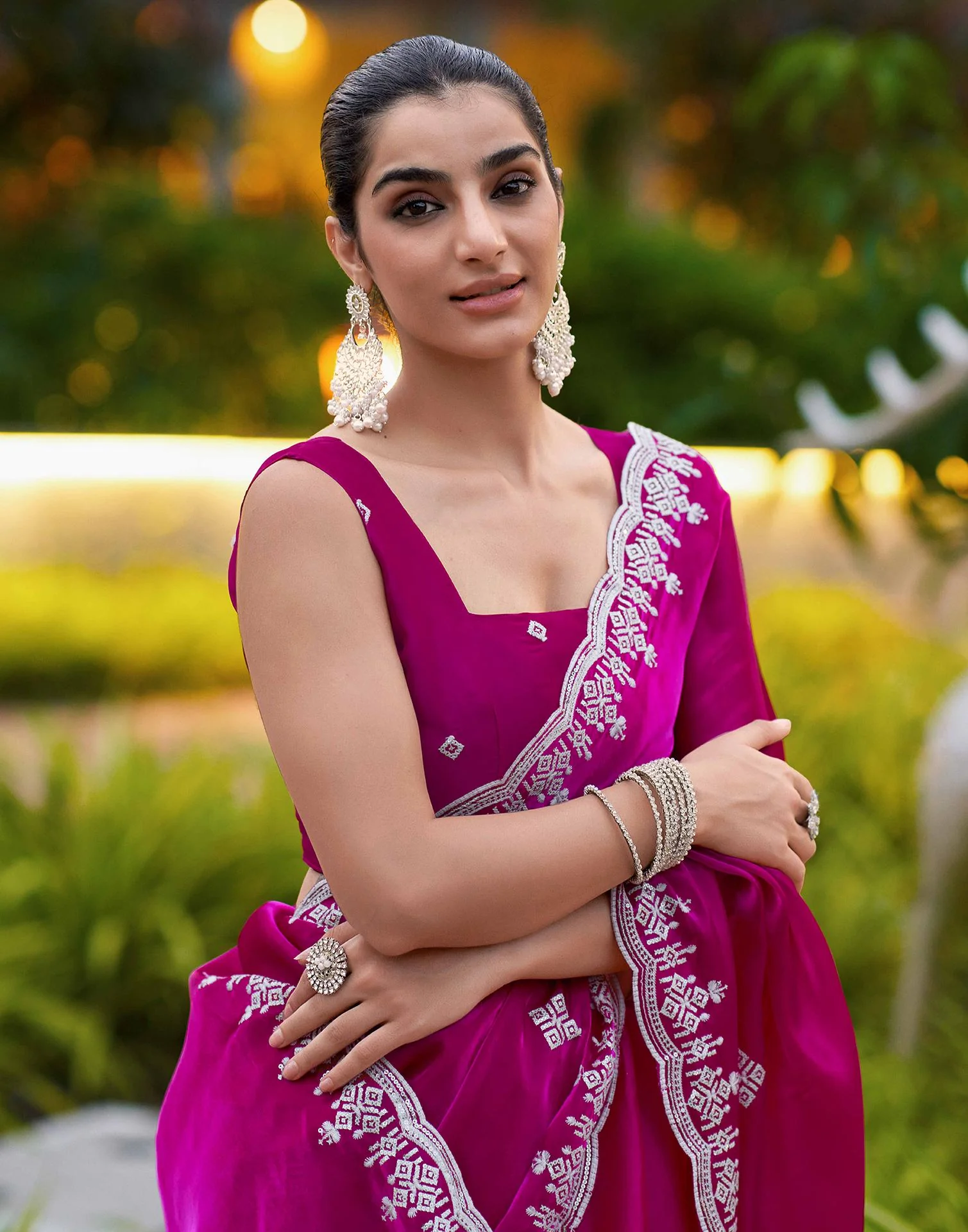 Dark Pink Shimmer Sequence Embroidery Saree - Image 2