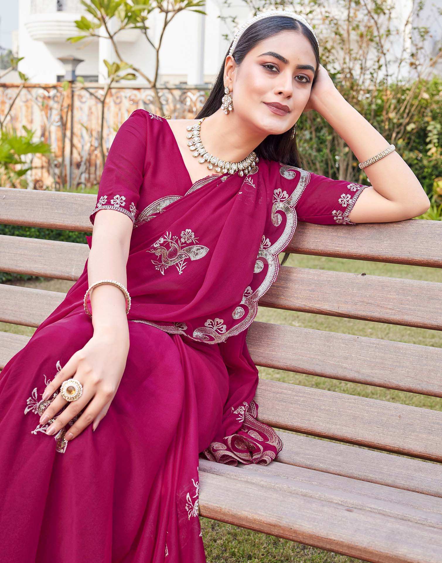 Dark Pink Shimmer Sequence Embroidery Saree - Image 2