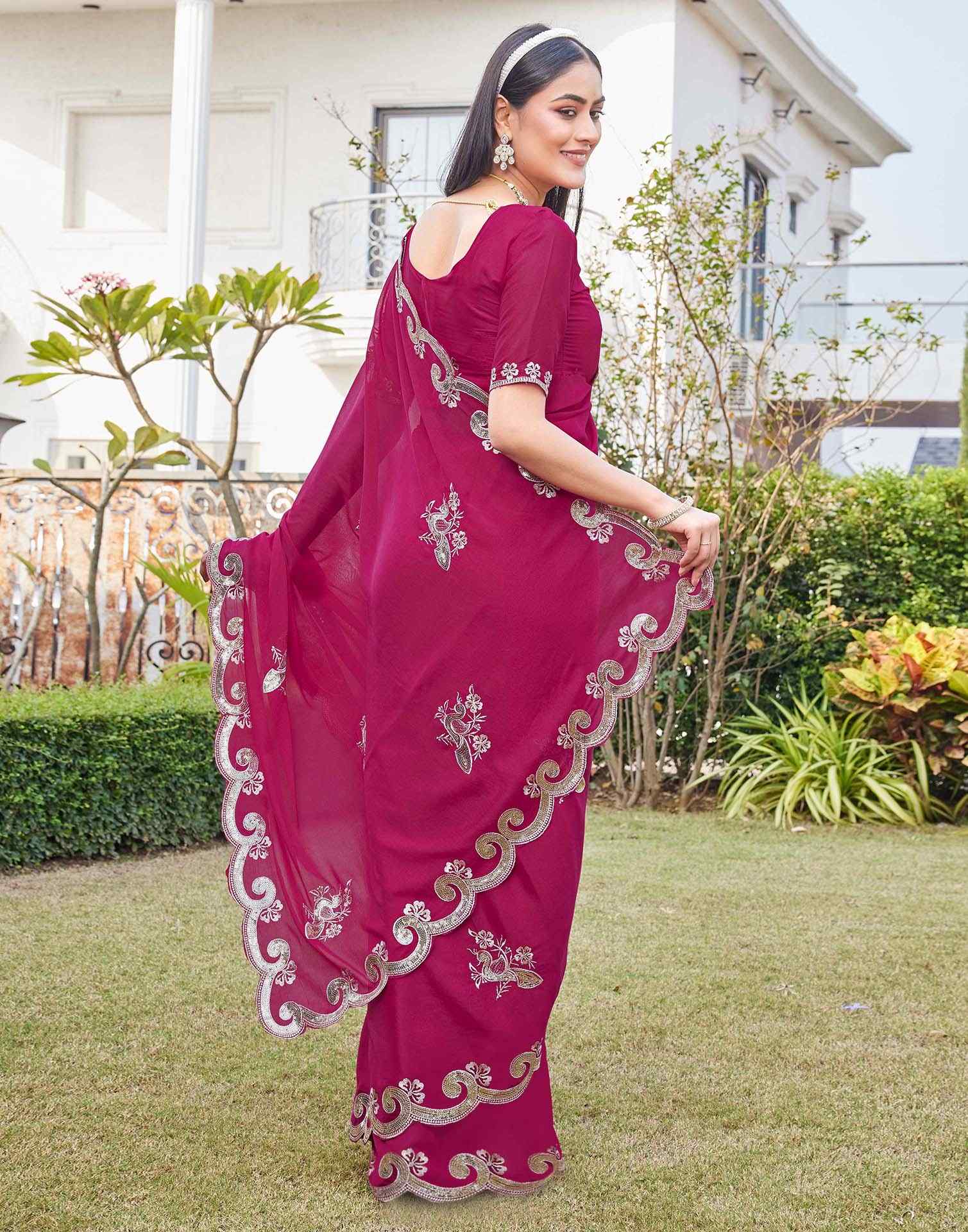Dark Pink Shimmer Sequence Embroidery Saree - Image 6