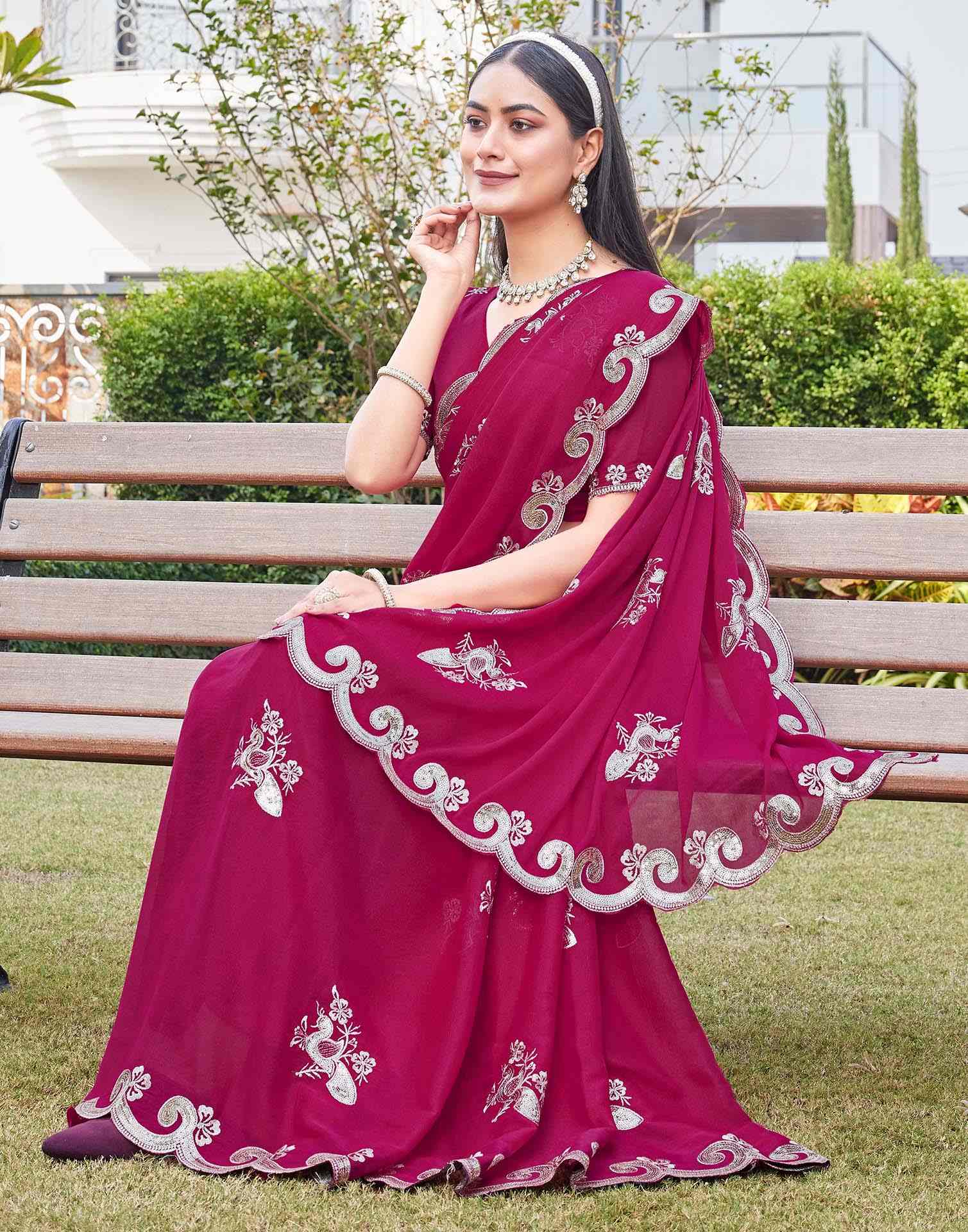 Dark Pink Shimmer Sequence Embroidery Saree - Image 7