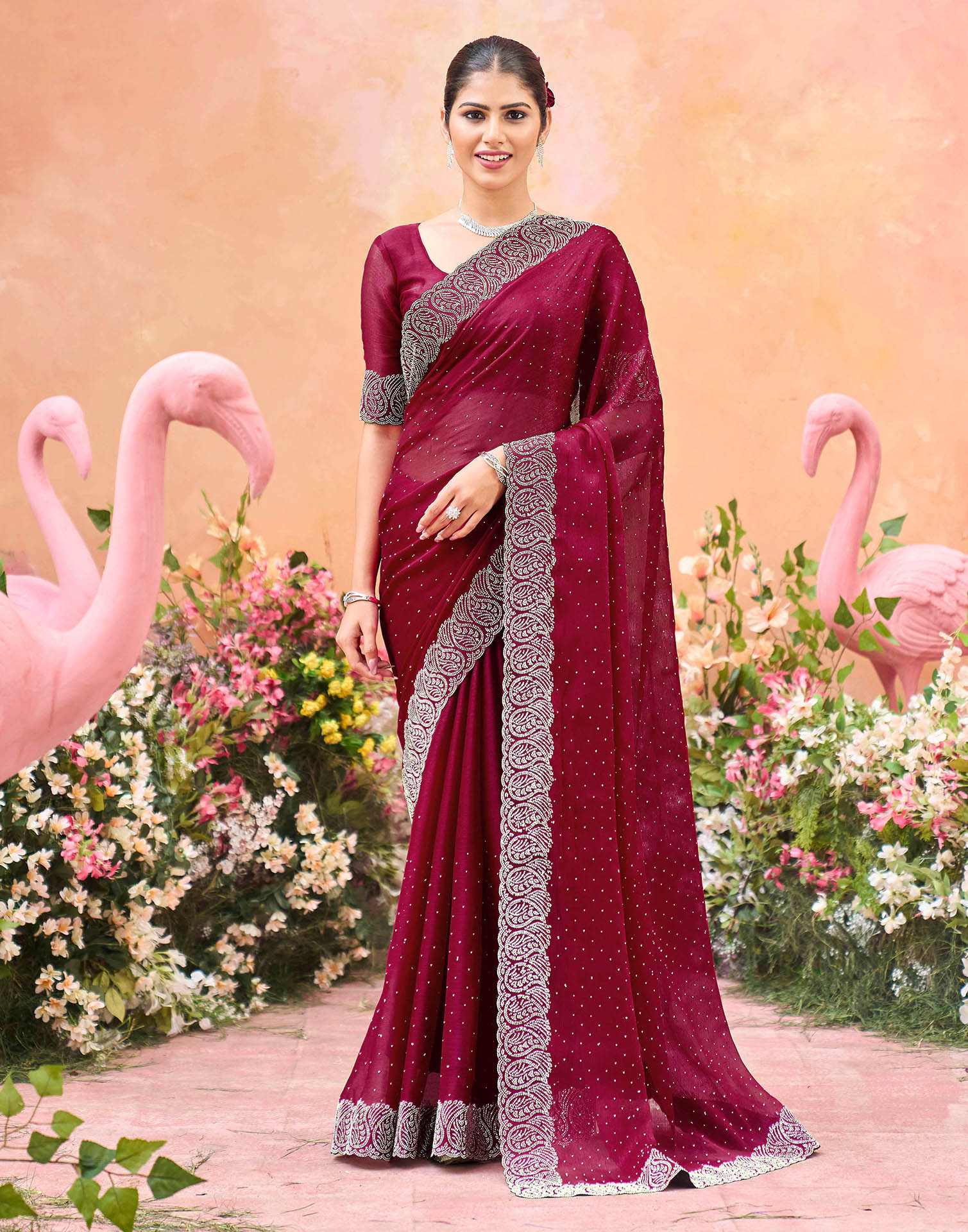 Dark Pink Shimmer Stone Work Swarovski Saree - Image 2