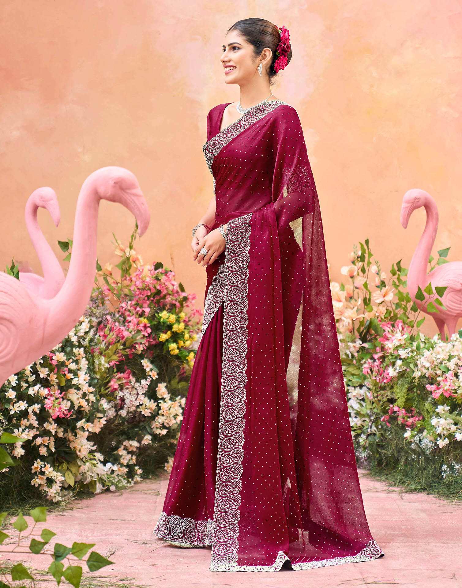 Dark Pink Shimmer Stone Work Swarovski Saree - Image 4