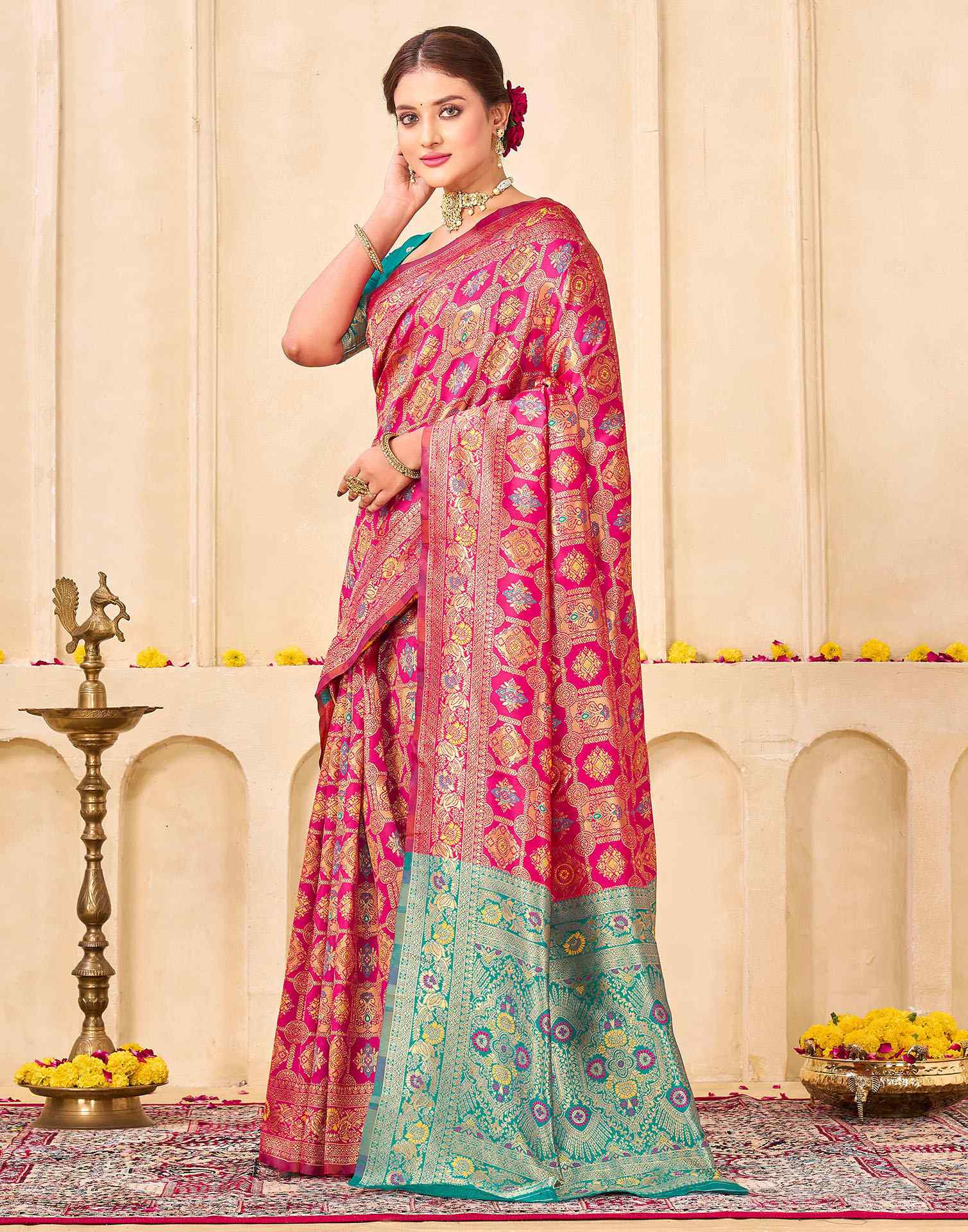 Dark Pink Silk Woven Banarasi Saree - Image 4
