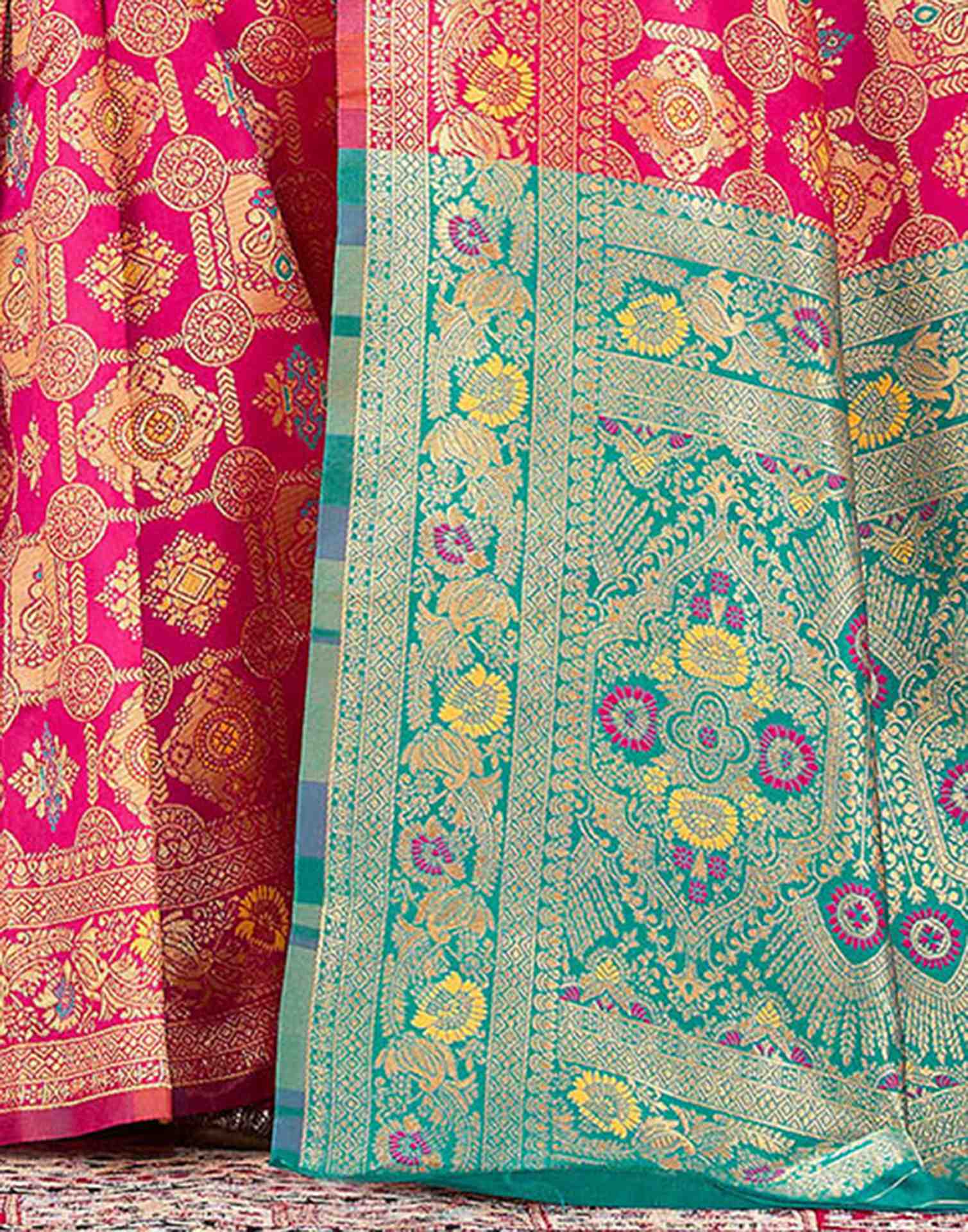 Dark Pink Silk Woven Banarasi Saree - Image 7