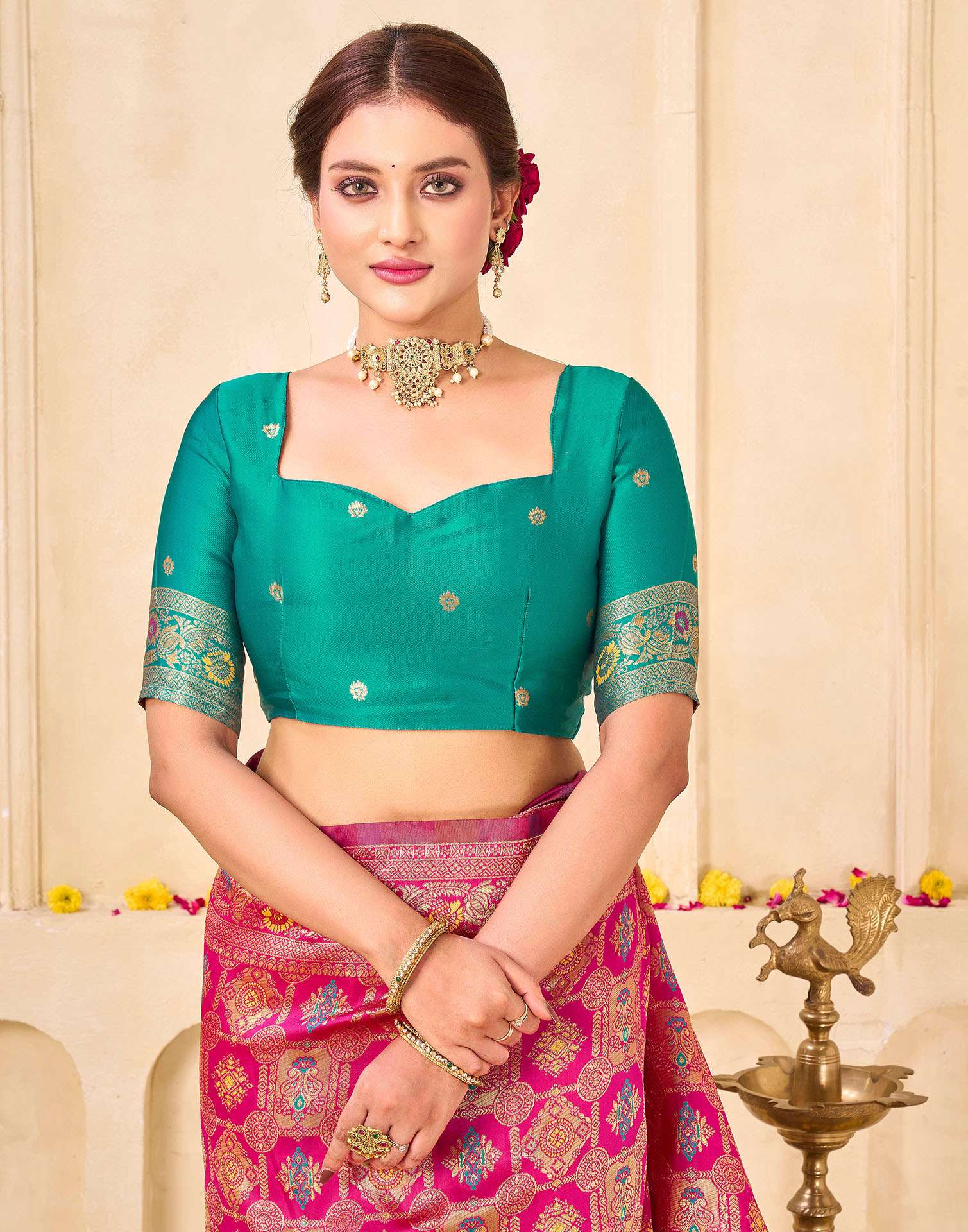 Dark Pink Silk Woven Banarasi Saree - Image 8