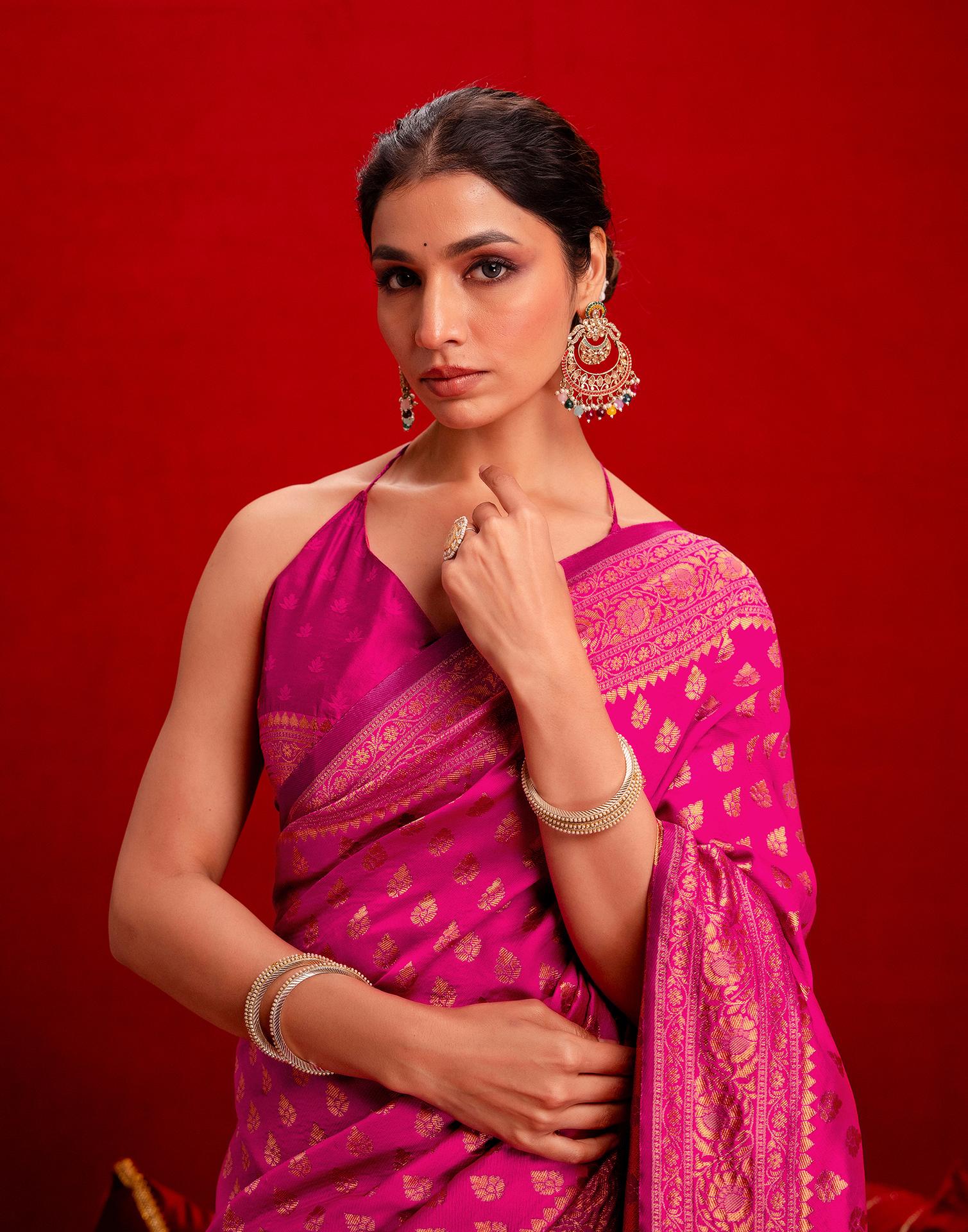 Dark Pink Silk Woven Banarasi Saree - Image 4
