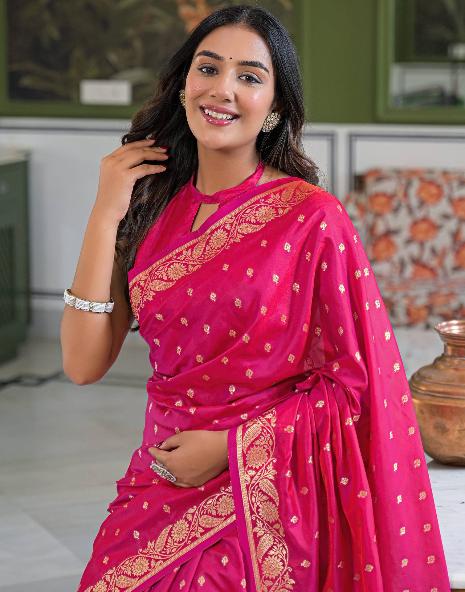 Dark Pink Silk Woven Banarasi Saree - Image 2