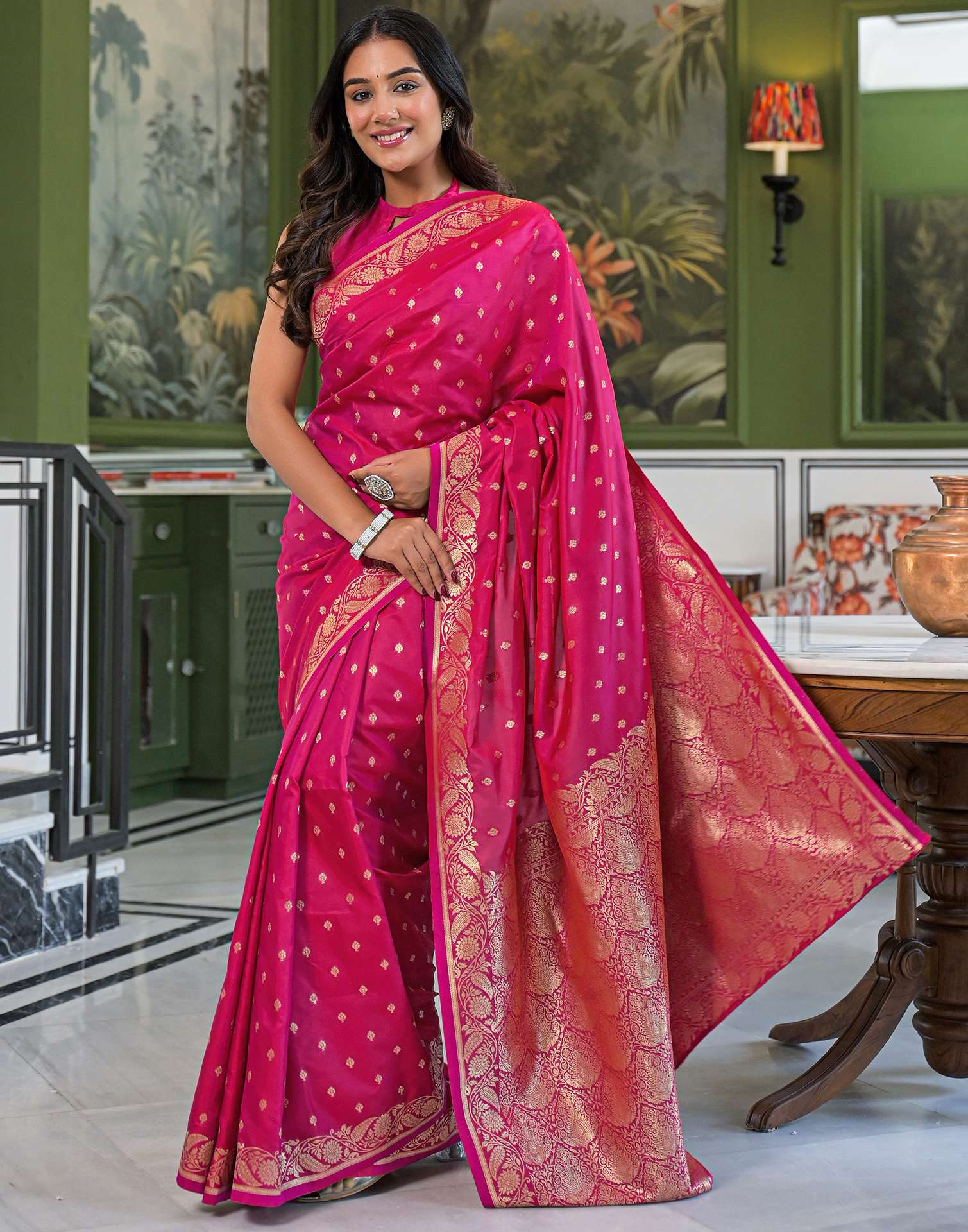 Dark Pink Silk Woven Banarasi Saree - Image 4