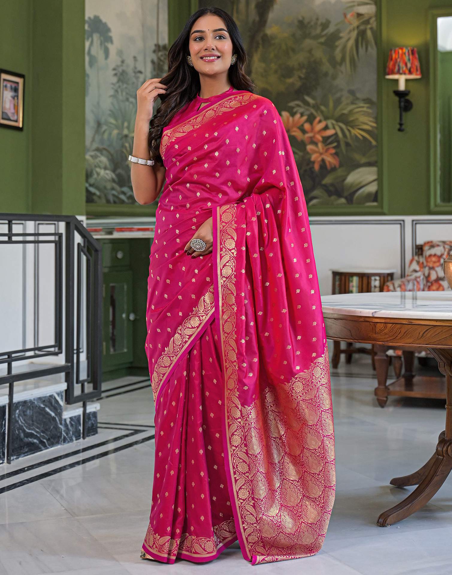 Dark Pink Silk Woven Banarasi Saree - Image 7