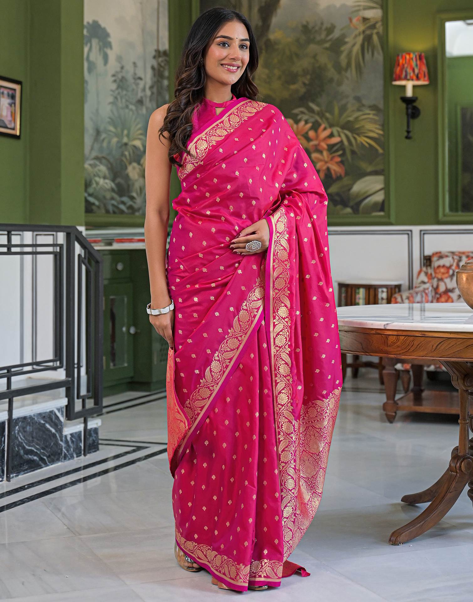 Dark Pink Silk Woven Banarasi Saree - Image 8