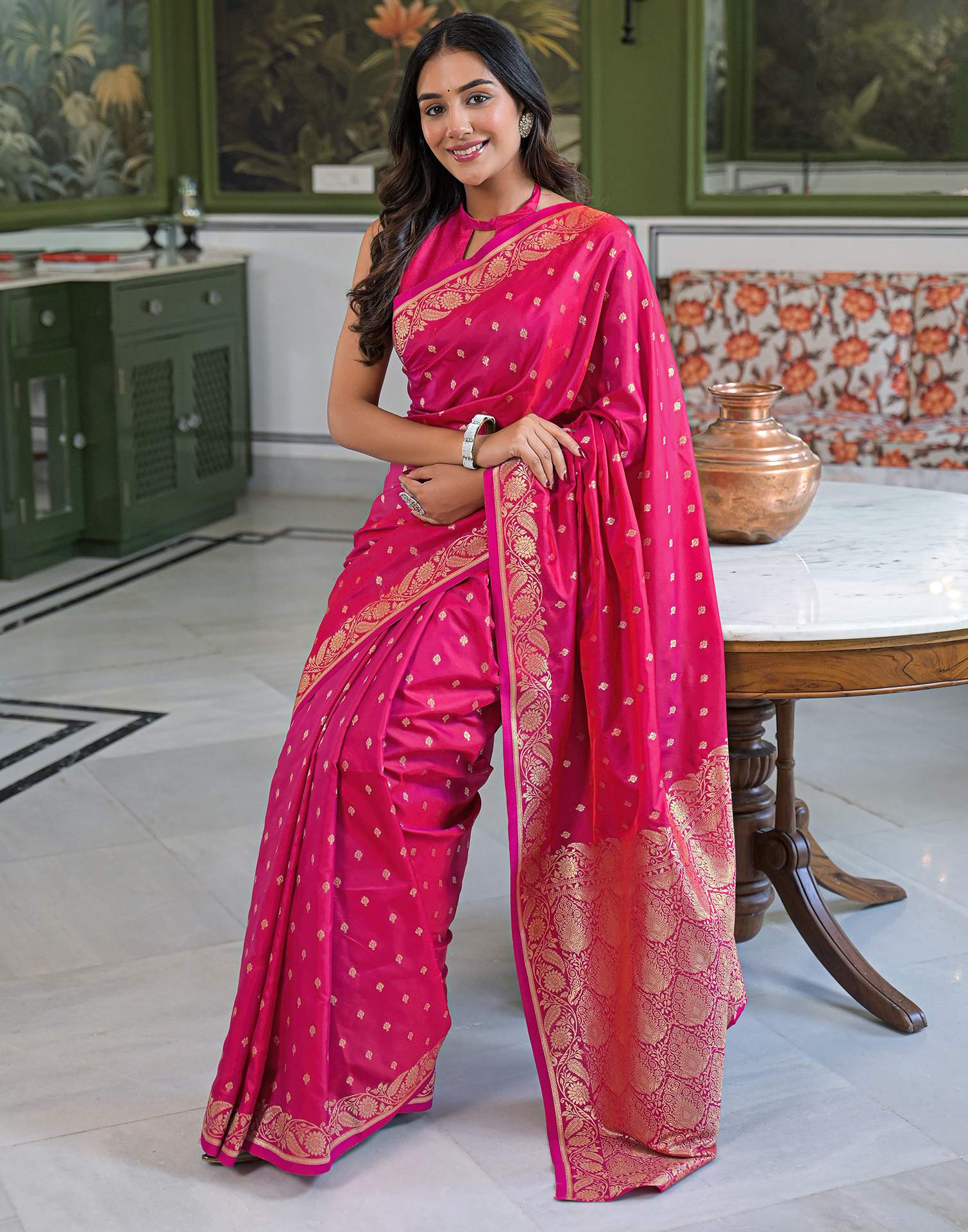 Dark Pink Silk Woven Banarasi Saree - Image 9