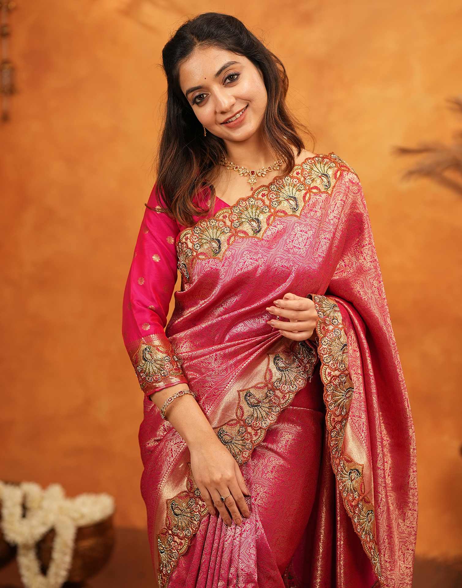 Dark Pink Silk Woven Embroidery Stone Work Banarasi Saree - Image 11