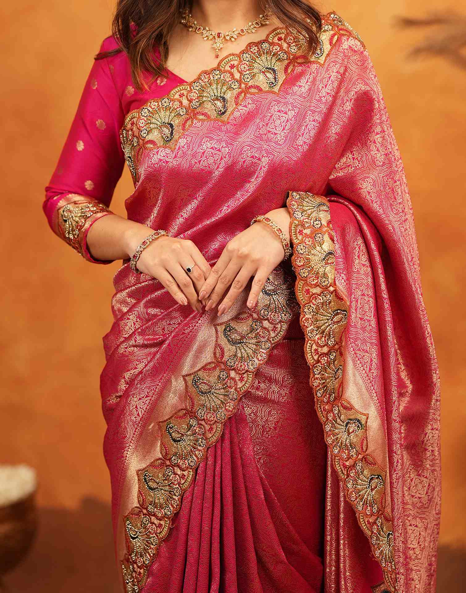 Dark Pink Silk Woven Embroidery Stone Work Banarasi Saree - Image 12