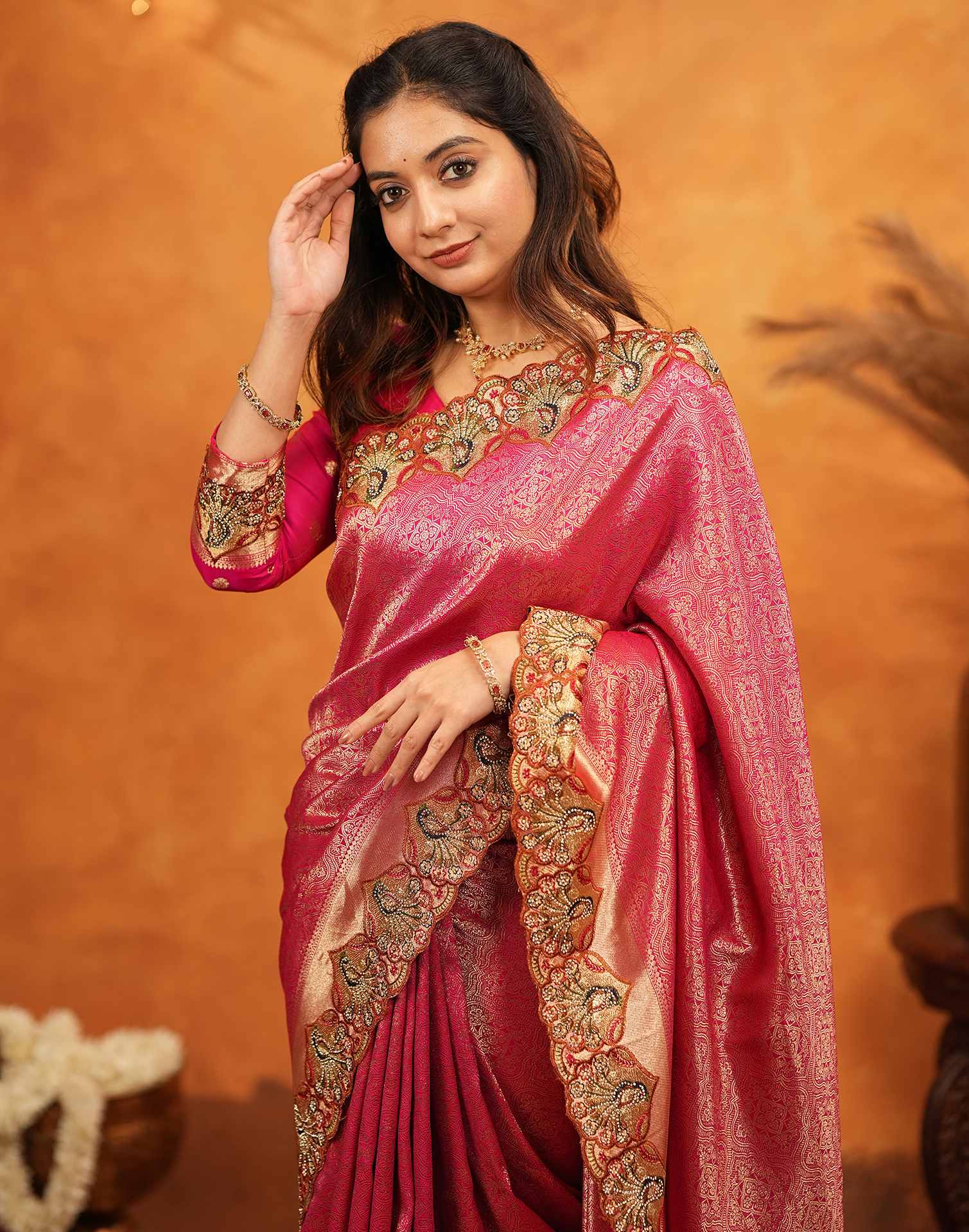 Dark Pink Silk Woven Embroidery Stone Work Banarasi Saree - Image 2