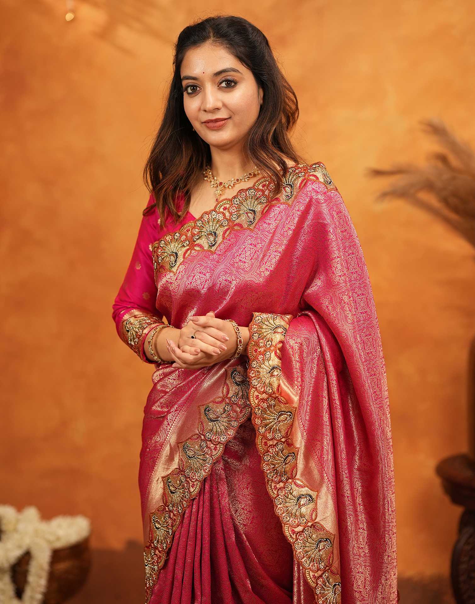 Dark Pink Silk Woven Embroidery Stone Work Banarasi Saree - Image 4