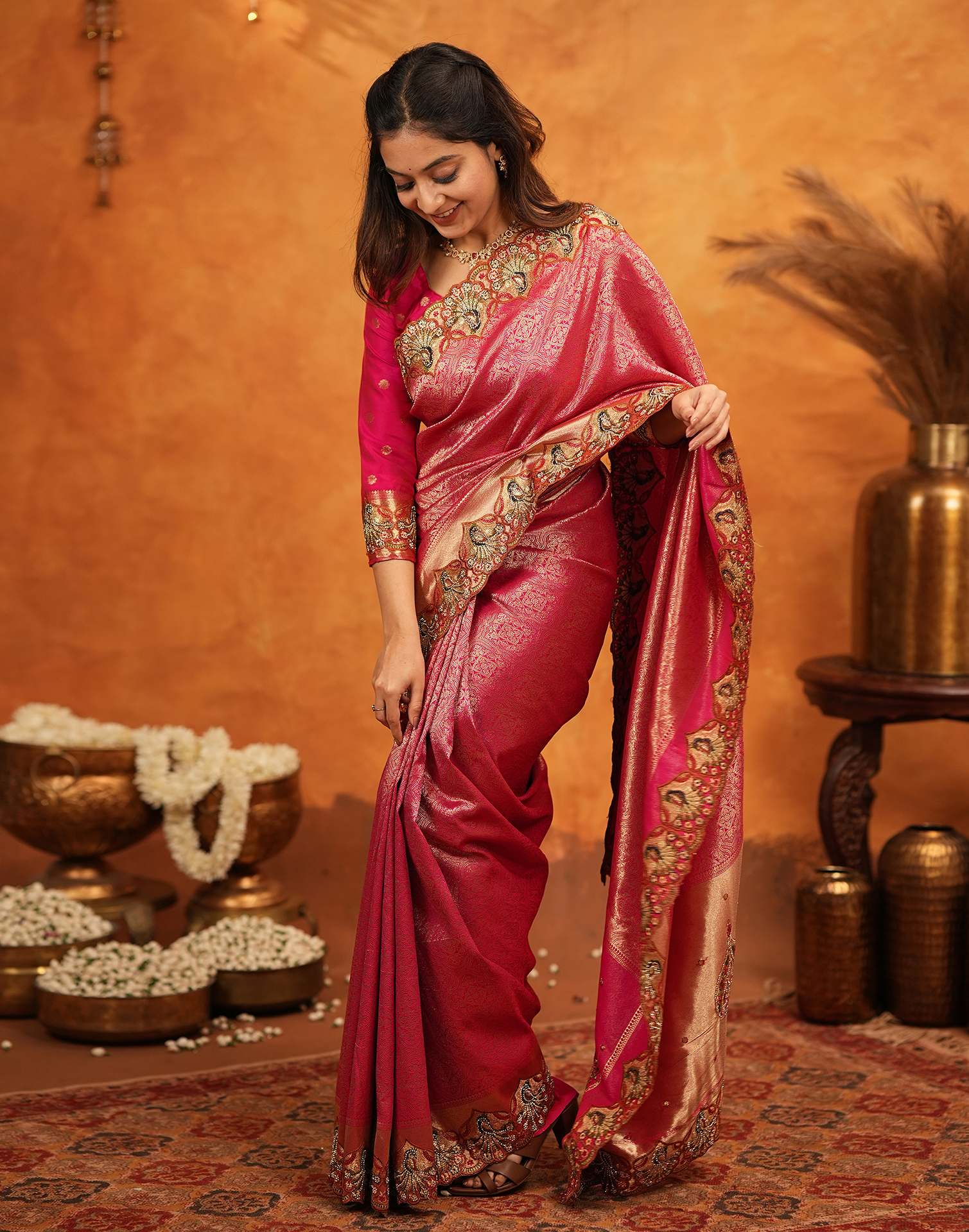 Dark Pink Silk Woven Embroidery Stone Work Banarasi Saree - Image 8