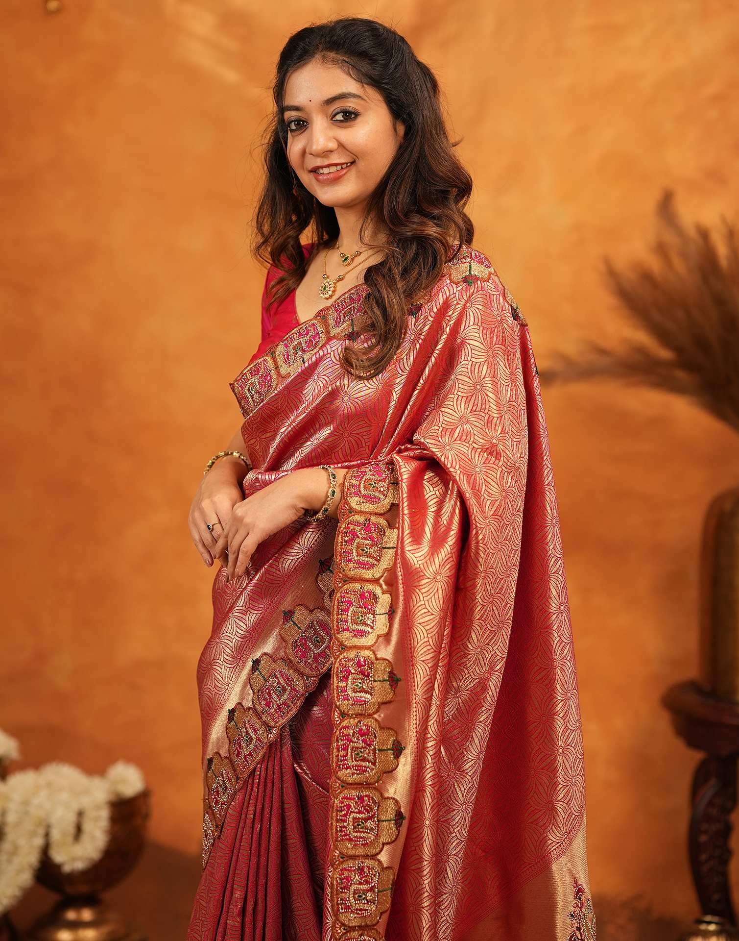 Dark Pink Silk Woven Embroidery Stone Work Banarasi Saree - Image 10