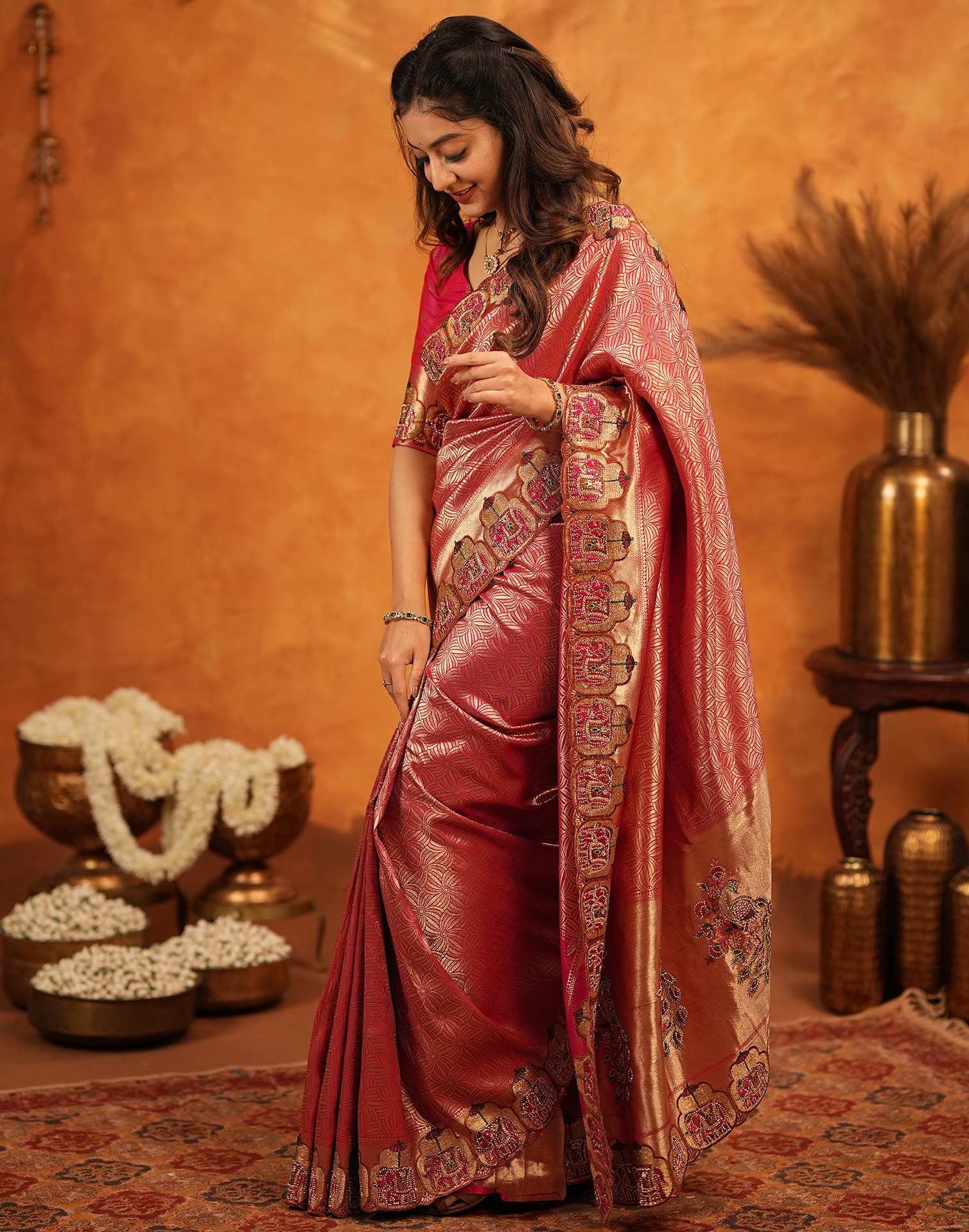 Dark Pink Silk Woven Embroidery Stone Work Banarasi Saree - Image 5