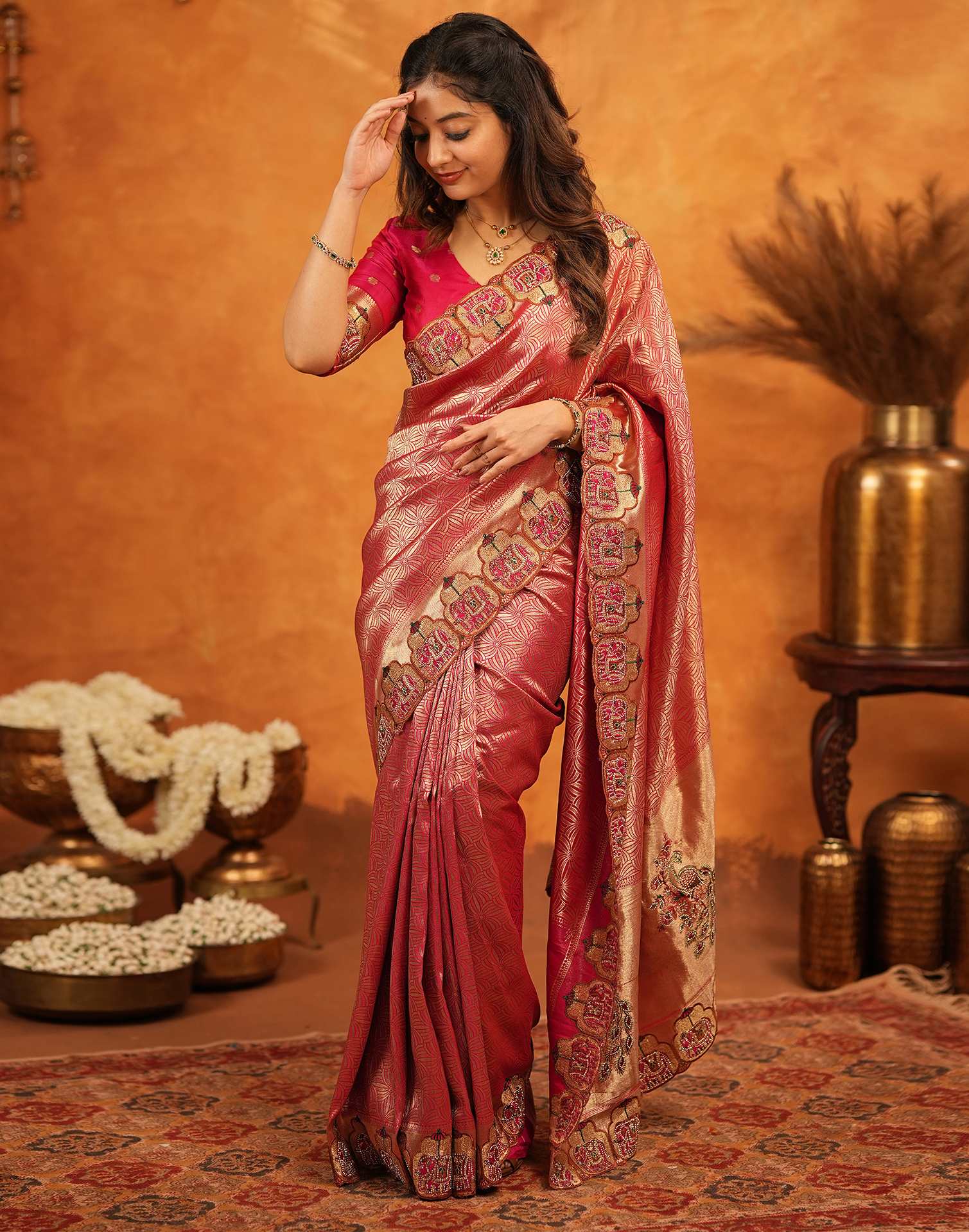 Dark Pink Silk Woven Embroidery Stone Work Banarasi Saree - Image 6