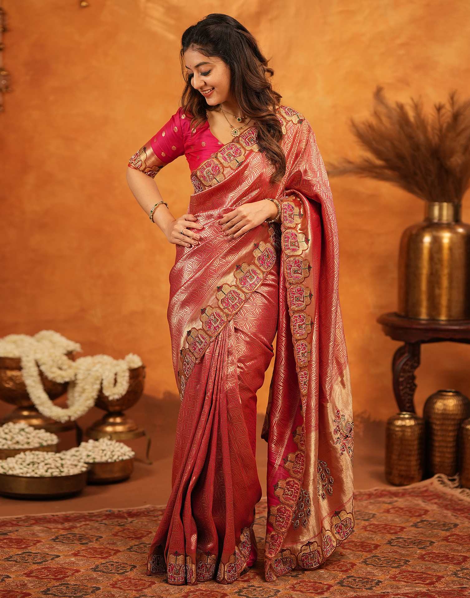 Dark Pink Silk Woven Embroidery Stone Work Banarasi Saree - Image 8