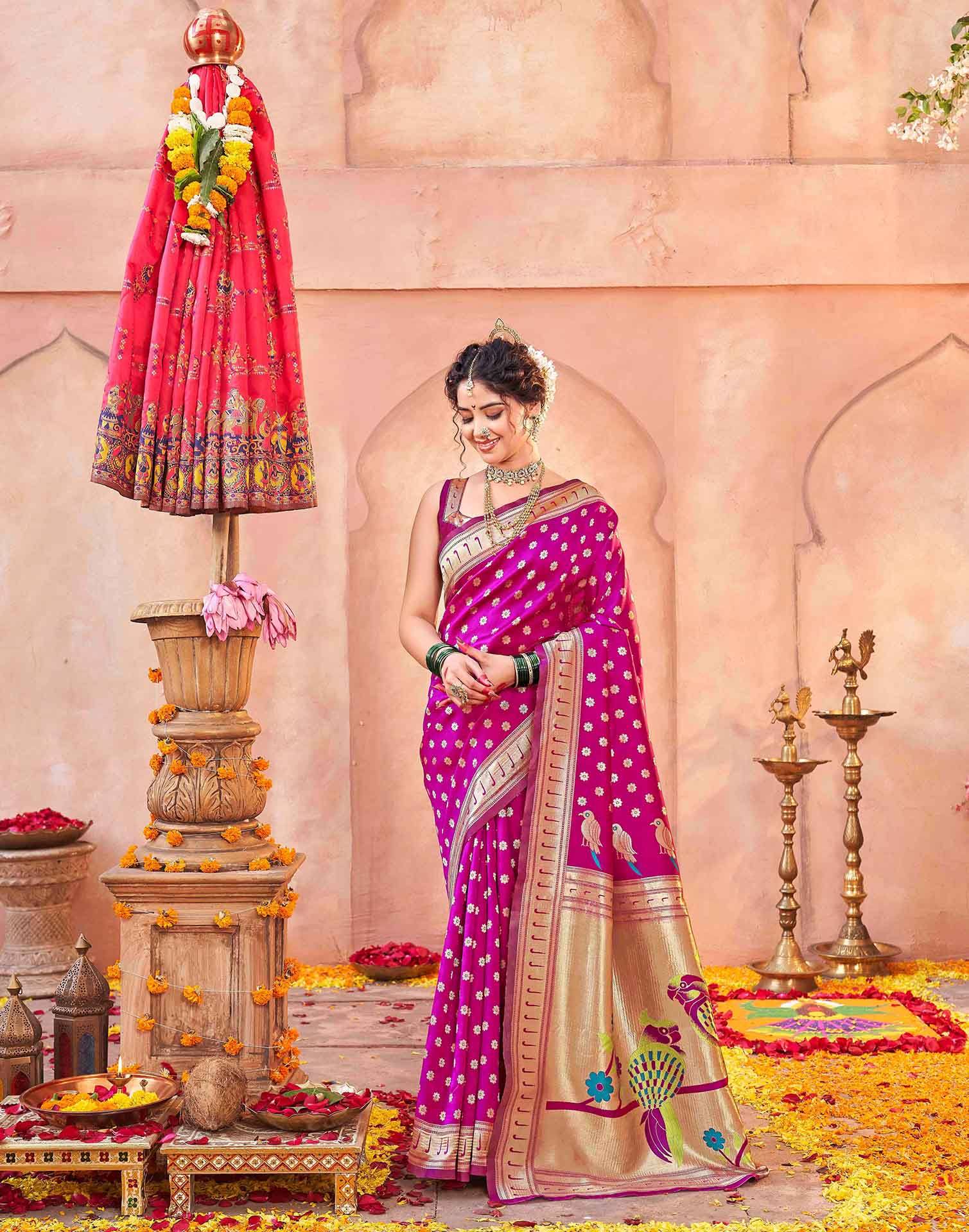 Dark Pink Silk Woven Paithani Saree - Image 2