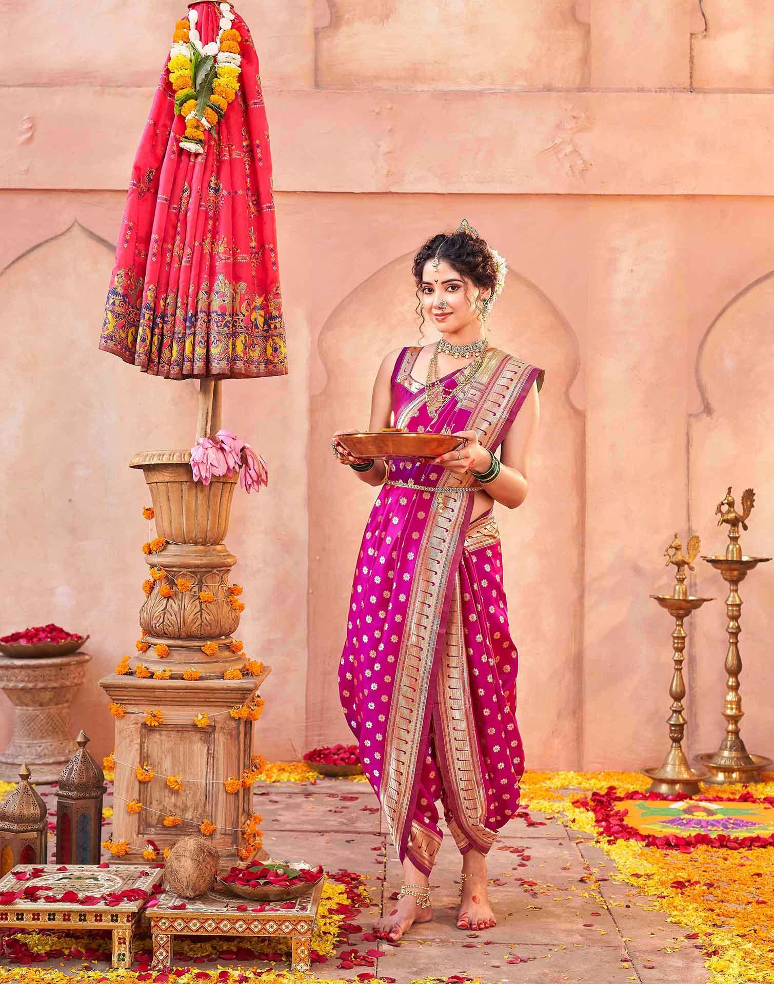Dark Pink Silk Woven Paithani Saree - Image 4