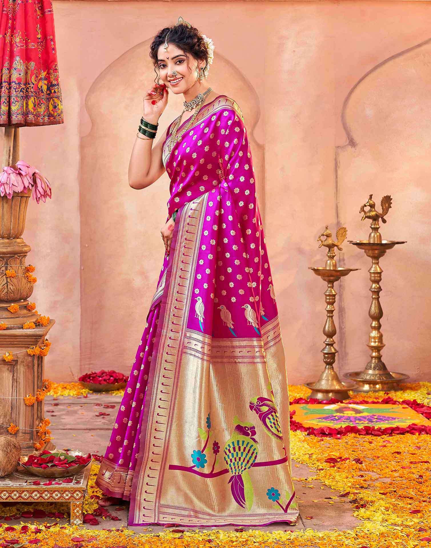 Dark Pink Silk Woven Paithani Saree - Image 5