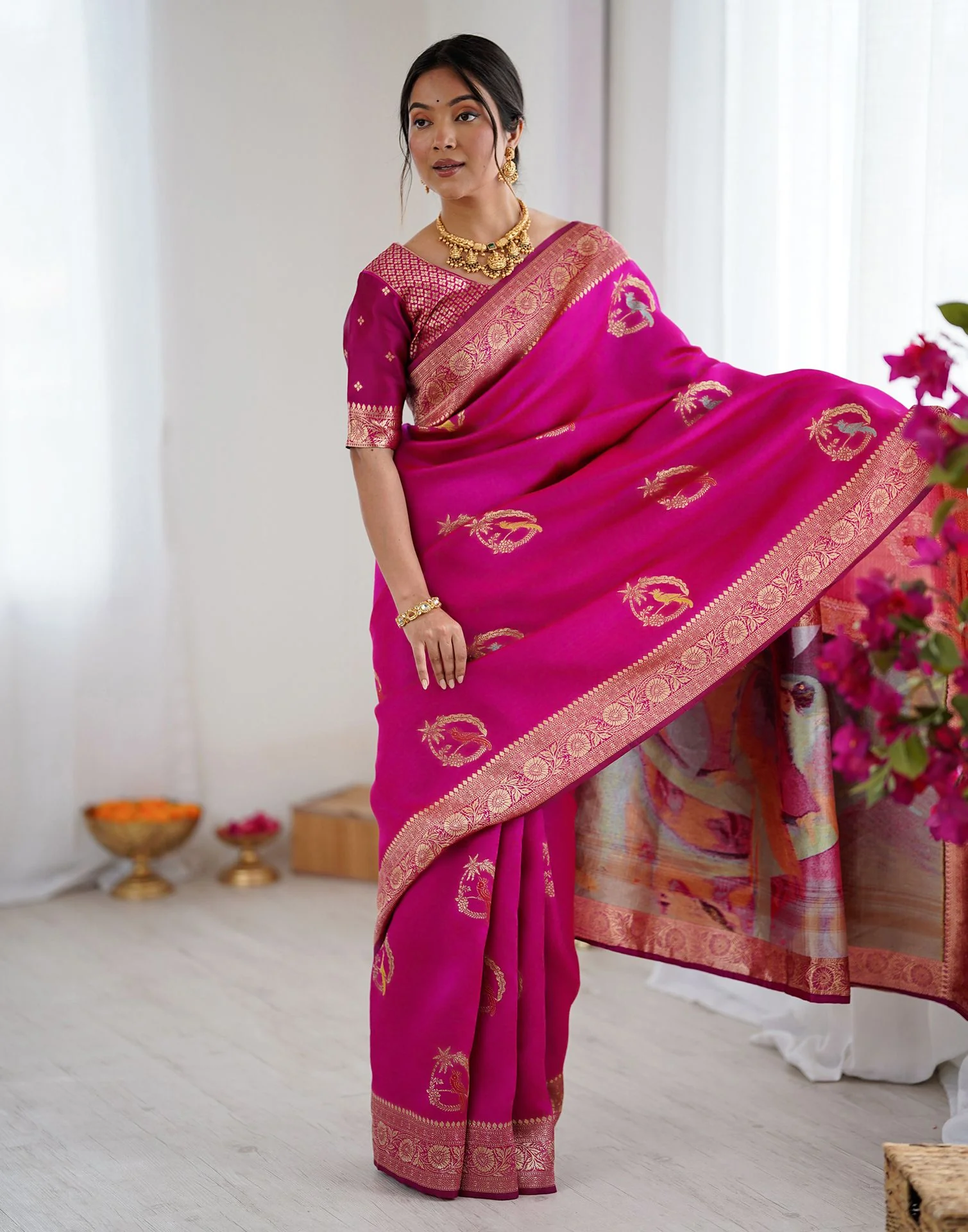 Dark Pink Silk Woven Saree - Image 8