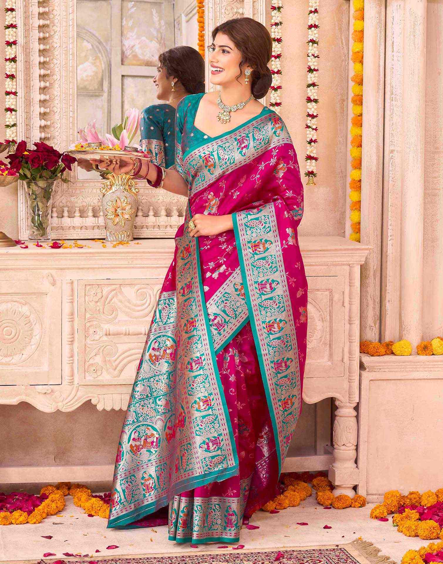 Dark Pink Silk Woven Saree - Image 4
