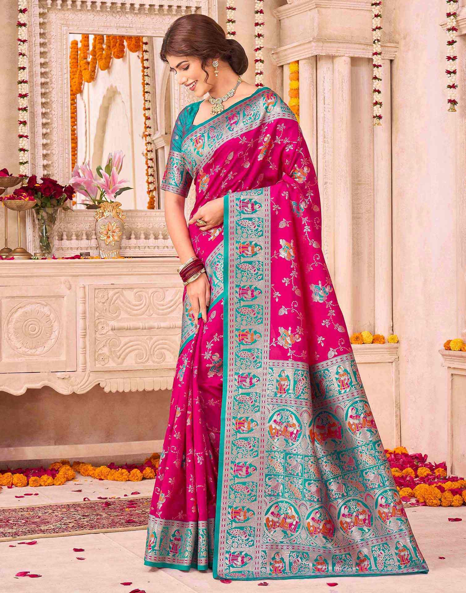 Dark Pink Silk Woven Saree - Image 5