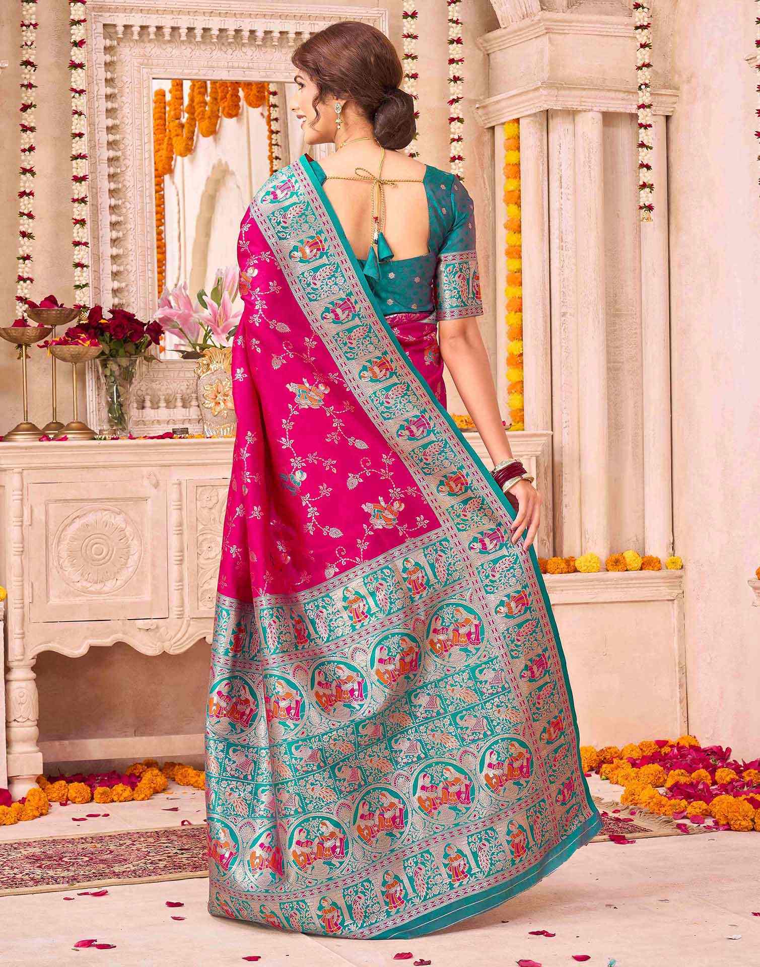 Dark Pink Silk Woven Saree - Image 6