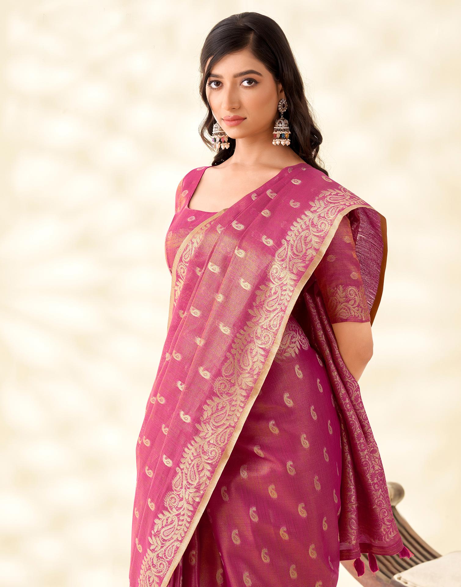 Dark Pink Tissue Linen Woven Saree - Image 2