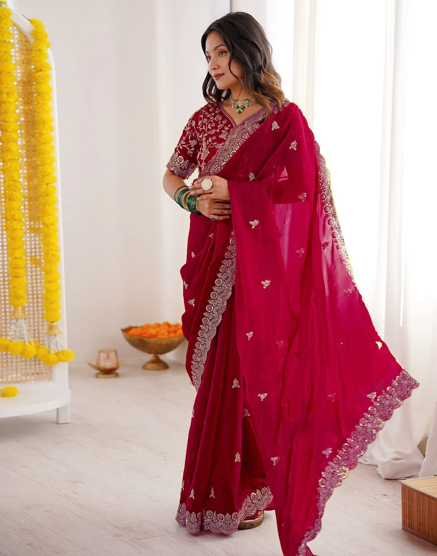 Dark Pink Tissue Silk Sequence Embroidery Saree - Image 7