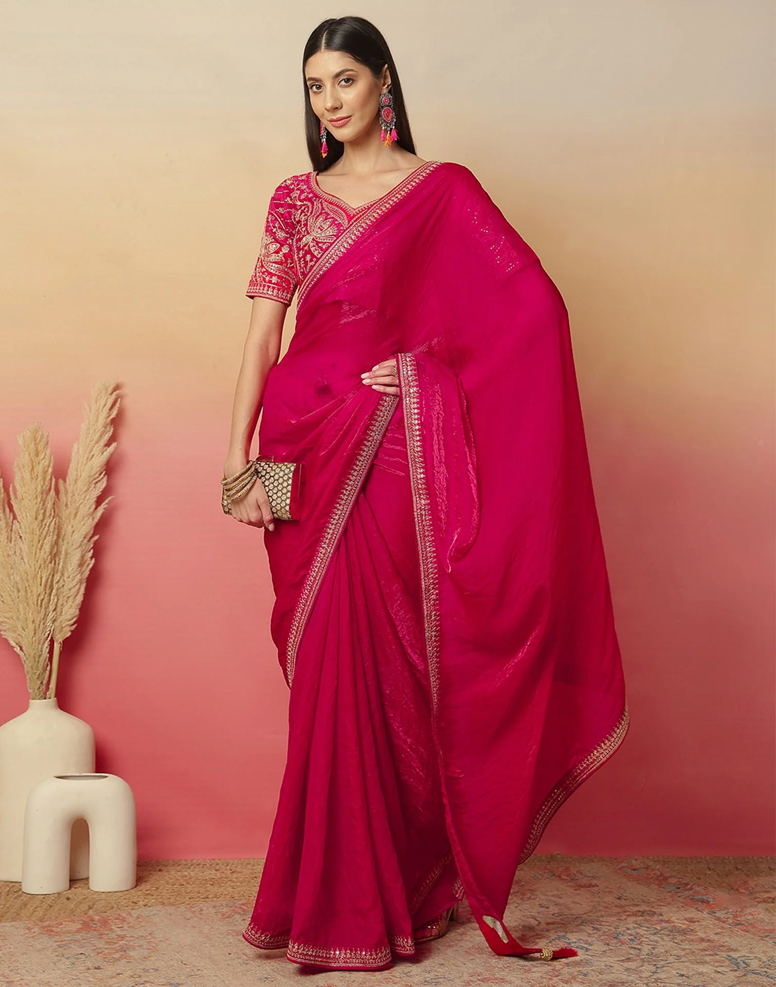 Dark Pink Tissue Silk Sequence Lace Saree - Image 5