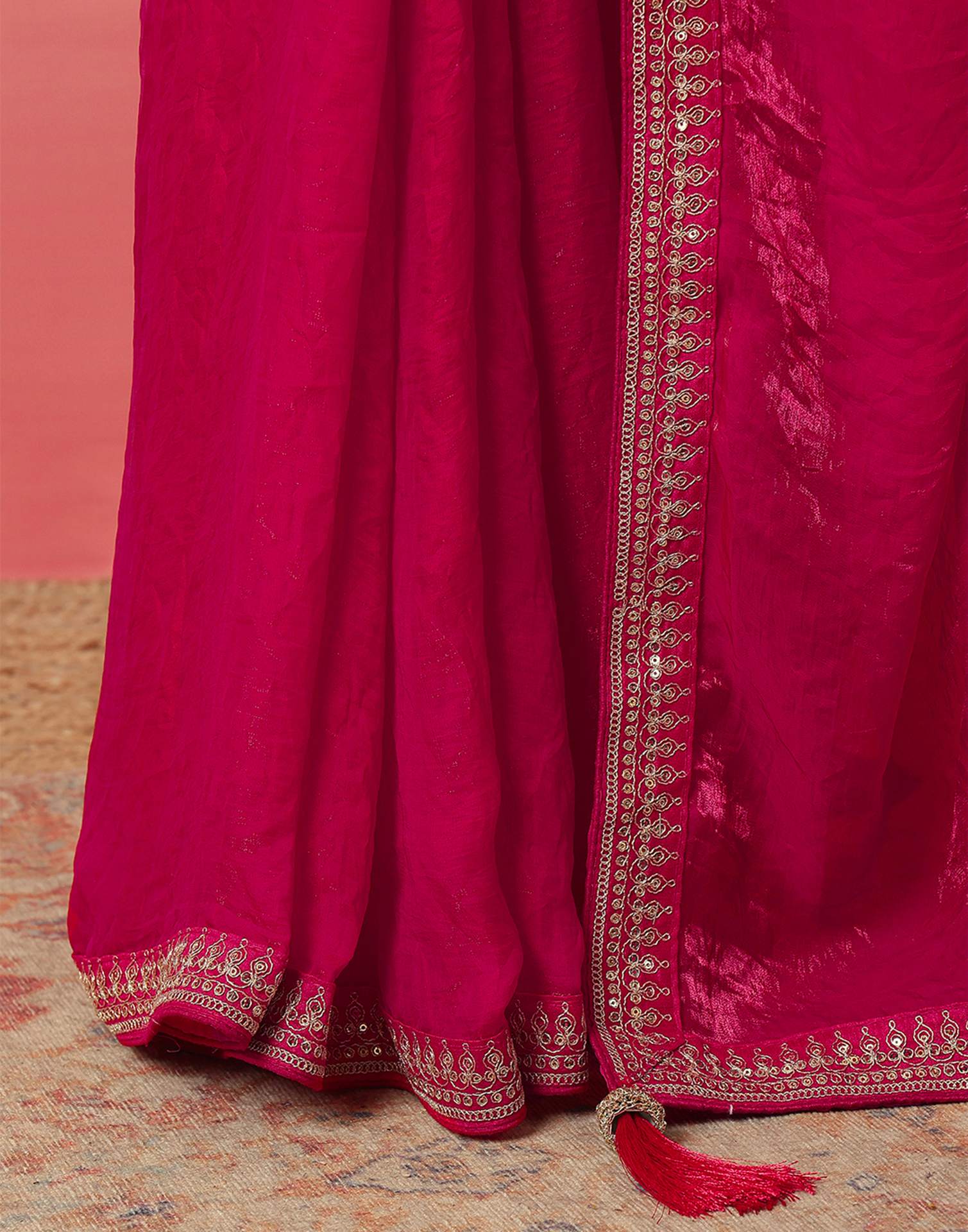 Dark Pink Tissue Silk Sequence Lace Saree - Image 7