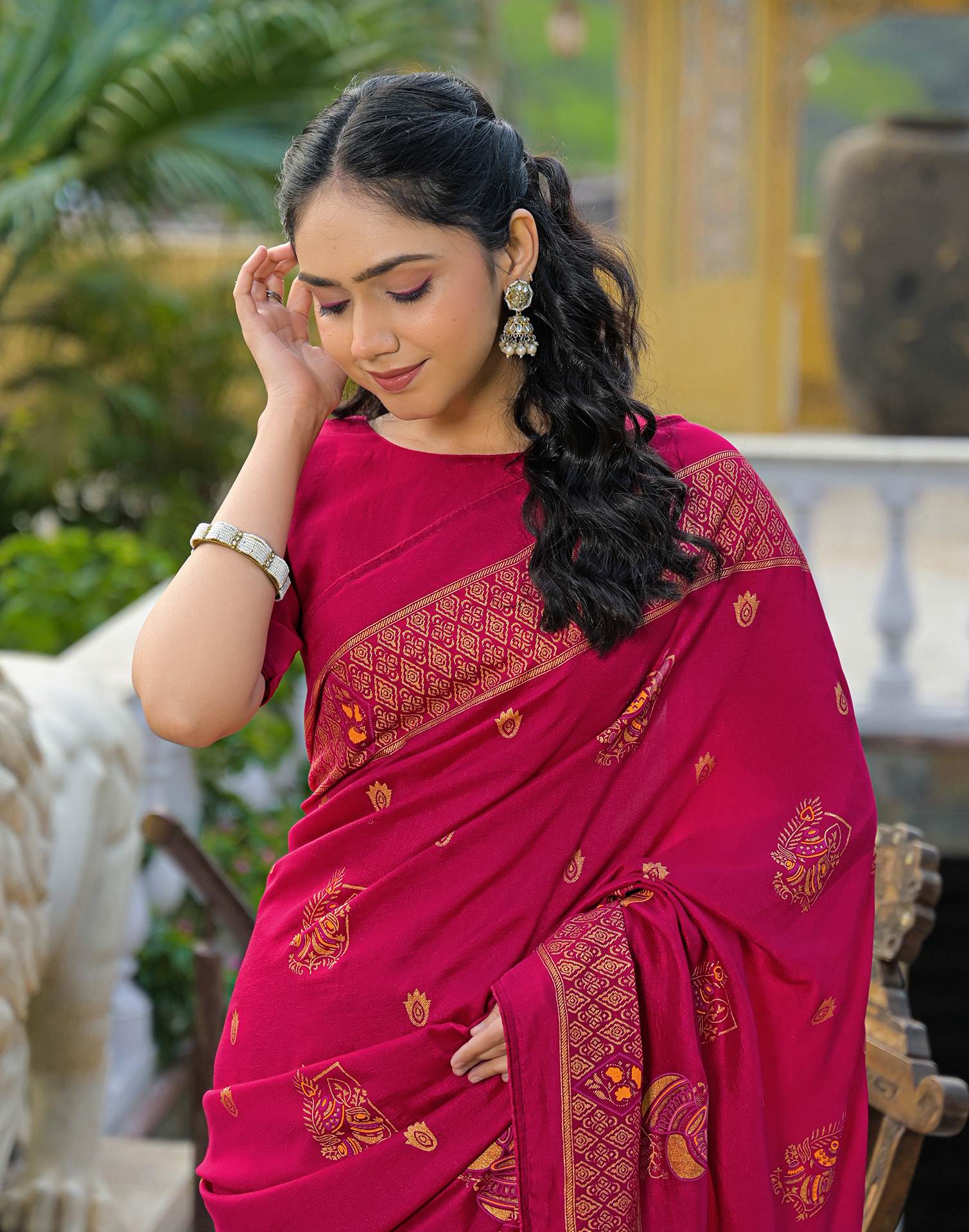 Dark Pink Vichitra Silk Foil Printed Saree - Image 2