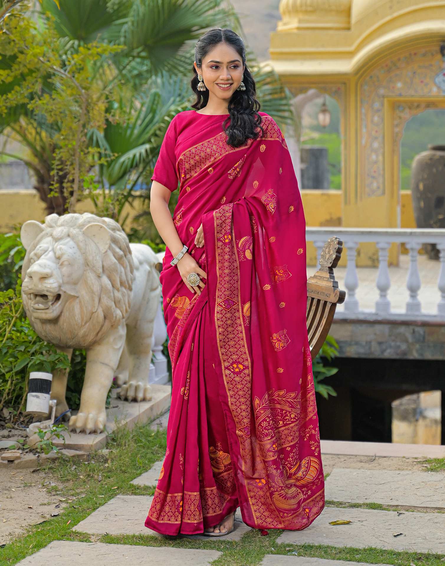 Dark Pink Vichitra Silk Foil Printed Saree - Image 4