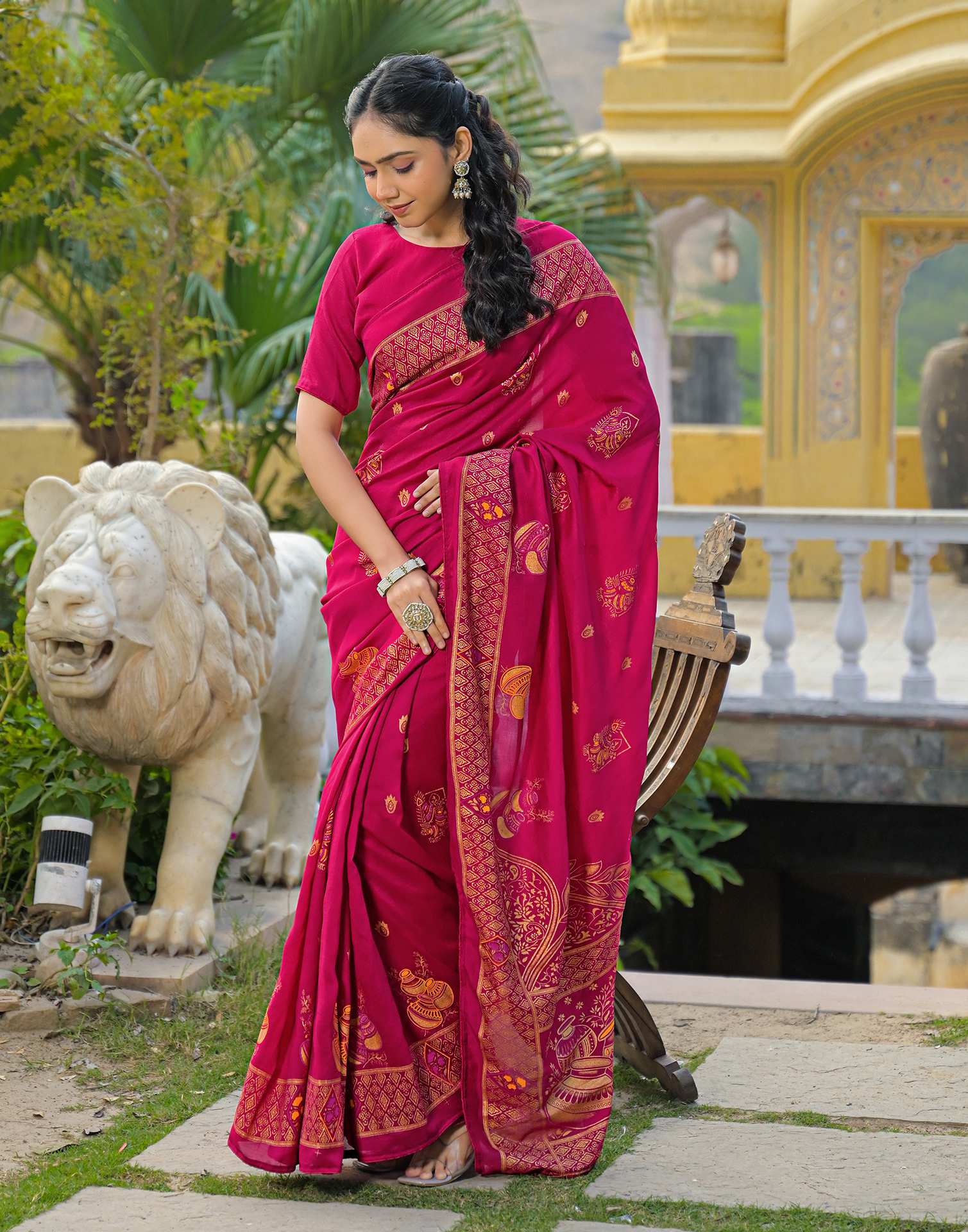 Dark Pink Vichitra Silk Foil Printed Saree - Image 7