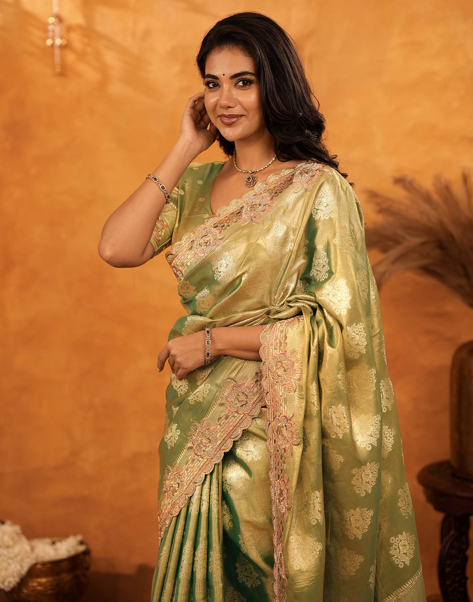 Dark Pista Green Silk Woven Embroidery Stone Work Banarasi Saree - Image 10